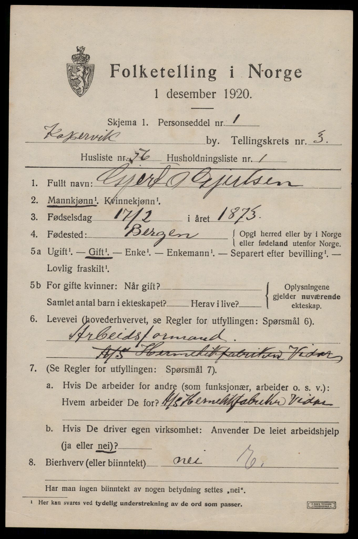 SAST, 1920 census for Kopervik, 1920, p. 4846