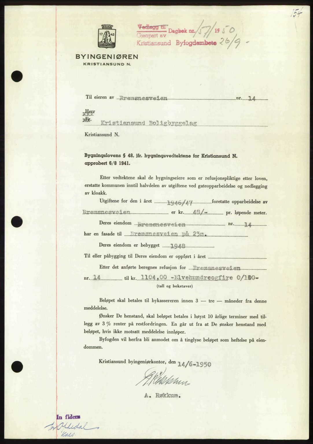 Kristiansund byfogd, AV/SAT-A-4587/A/27: Mortgage book no. 50, 1950-1950, Diary no: : 1571/1950