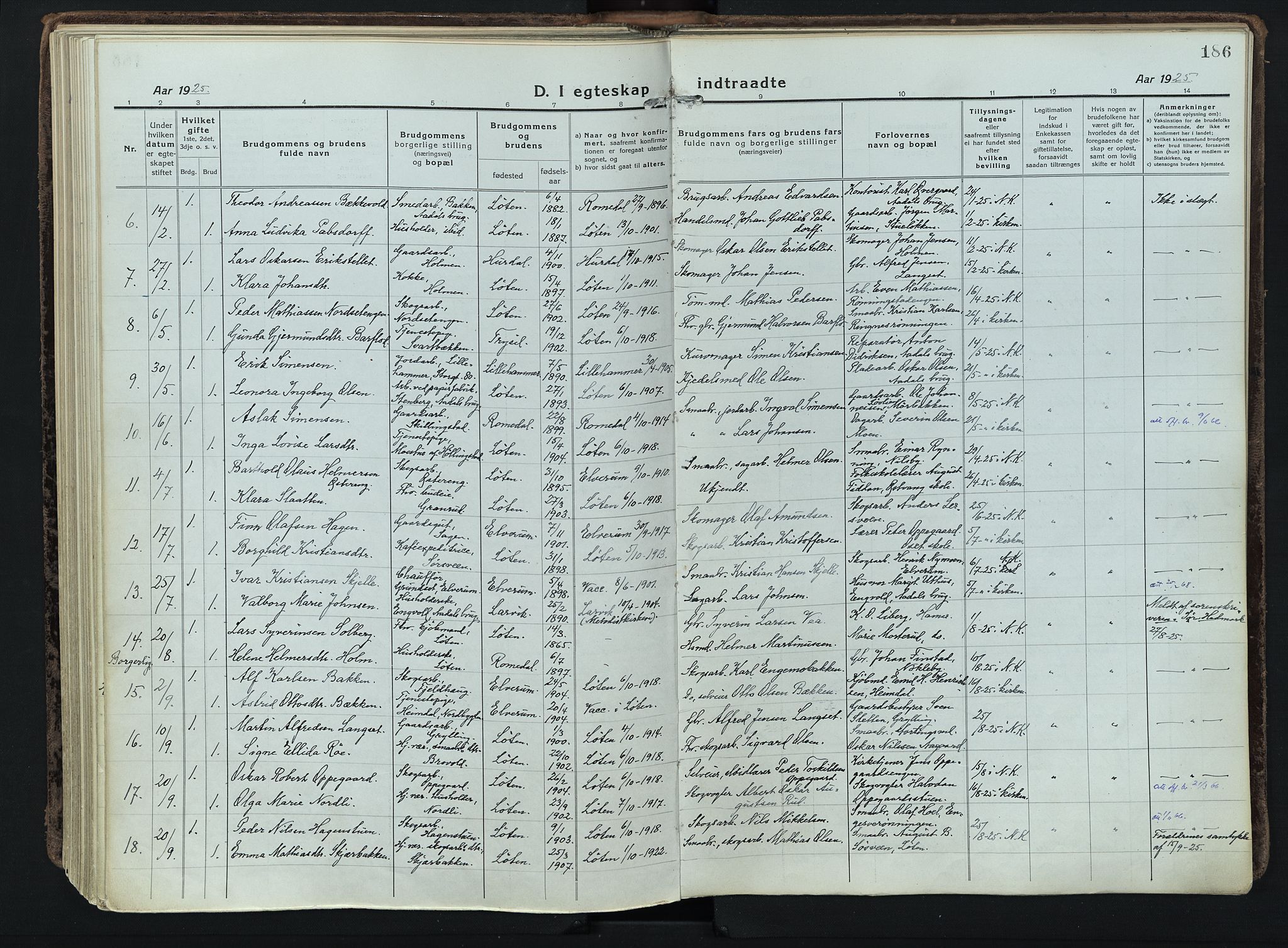 Løten prestekontor, AV/SAH-PREST-022/K/Ka/L0012: Parish register (official) no. 12, 1918-1926, p. 186