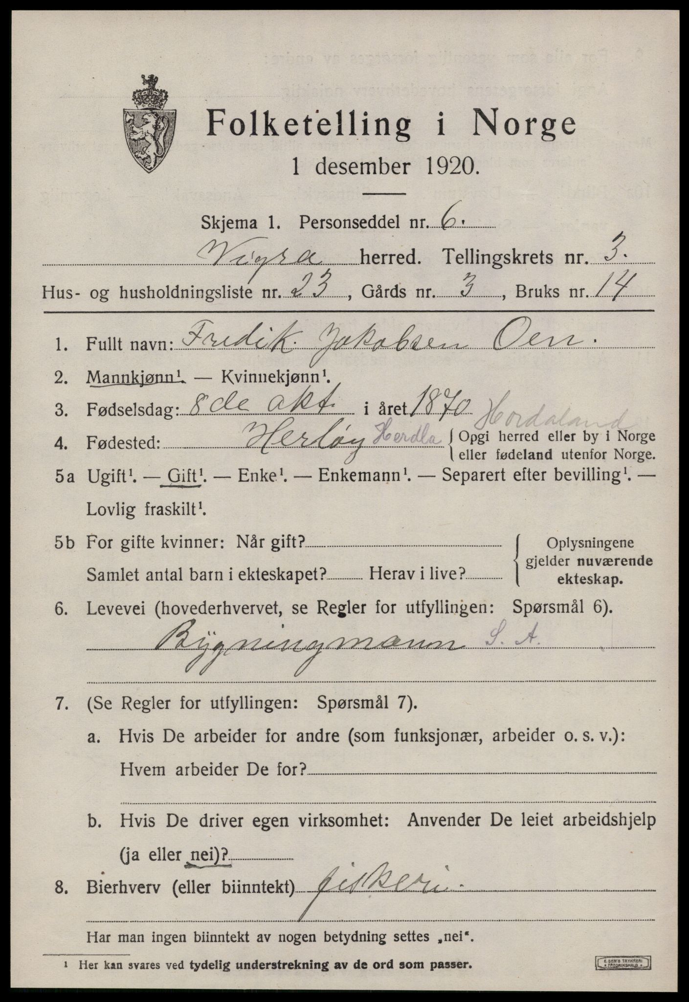 SAT, 1920 census for Vigra, 1920, p. 1662