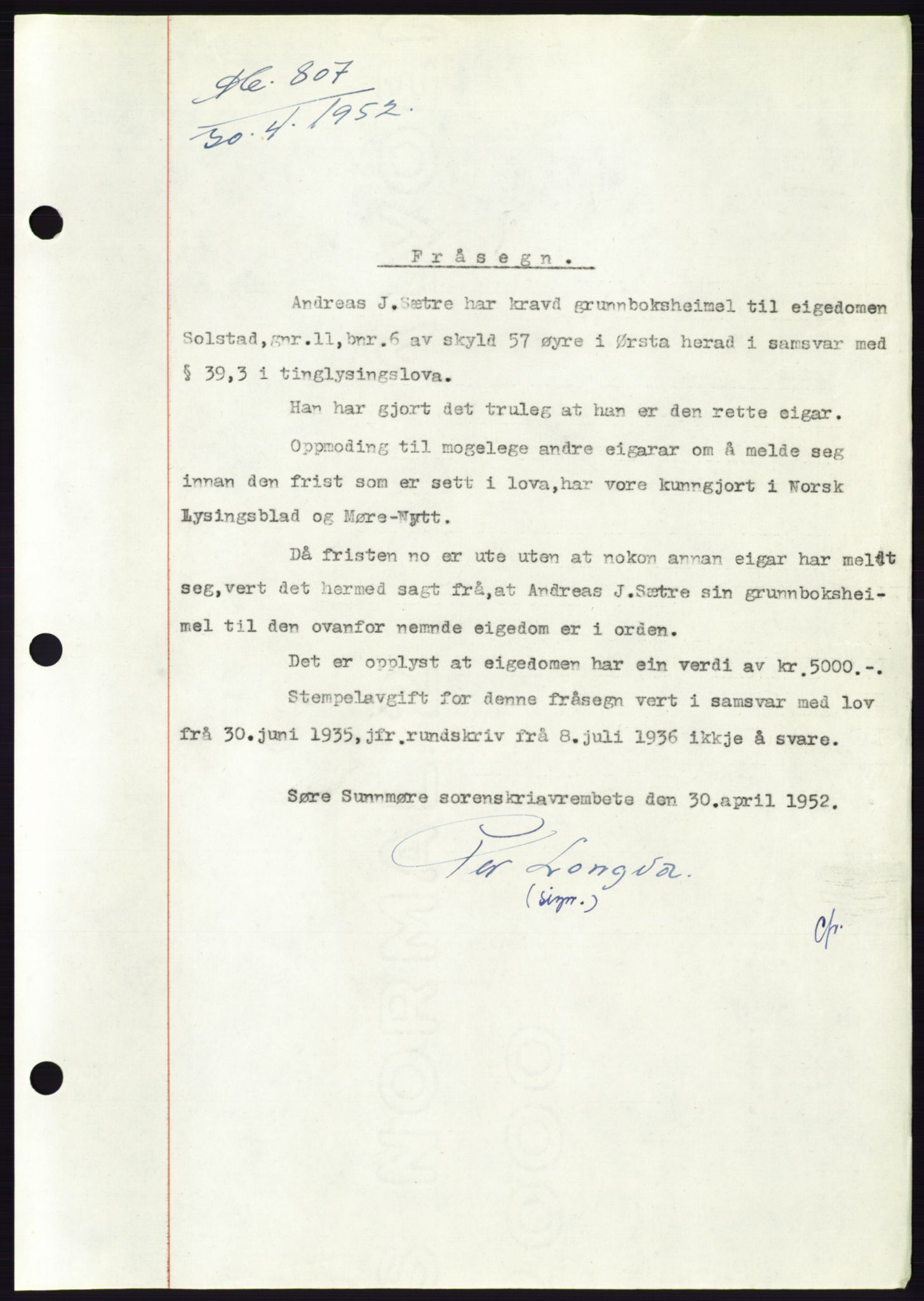 Søre Sunnmøre sorenskriveri, AV/SAT-A-4122/1/2/2C/L0092: Mortgage book no. 18A, 1952-1952, Diary no: : 807/1952
