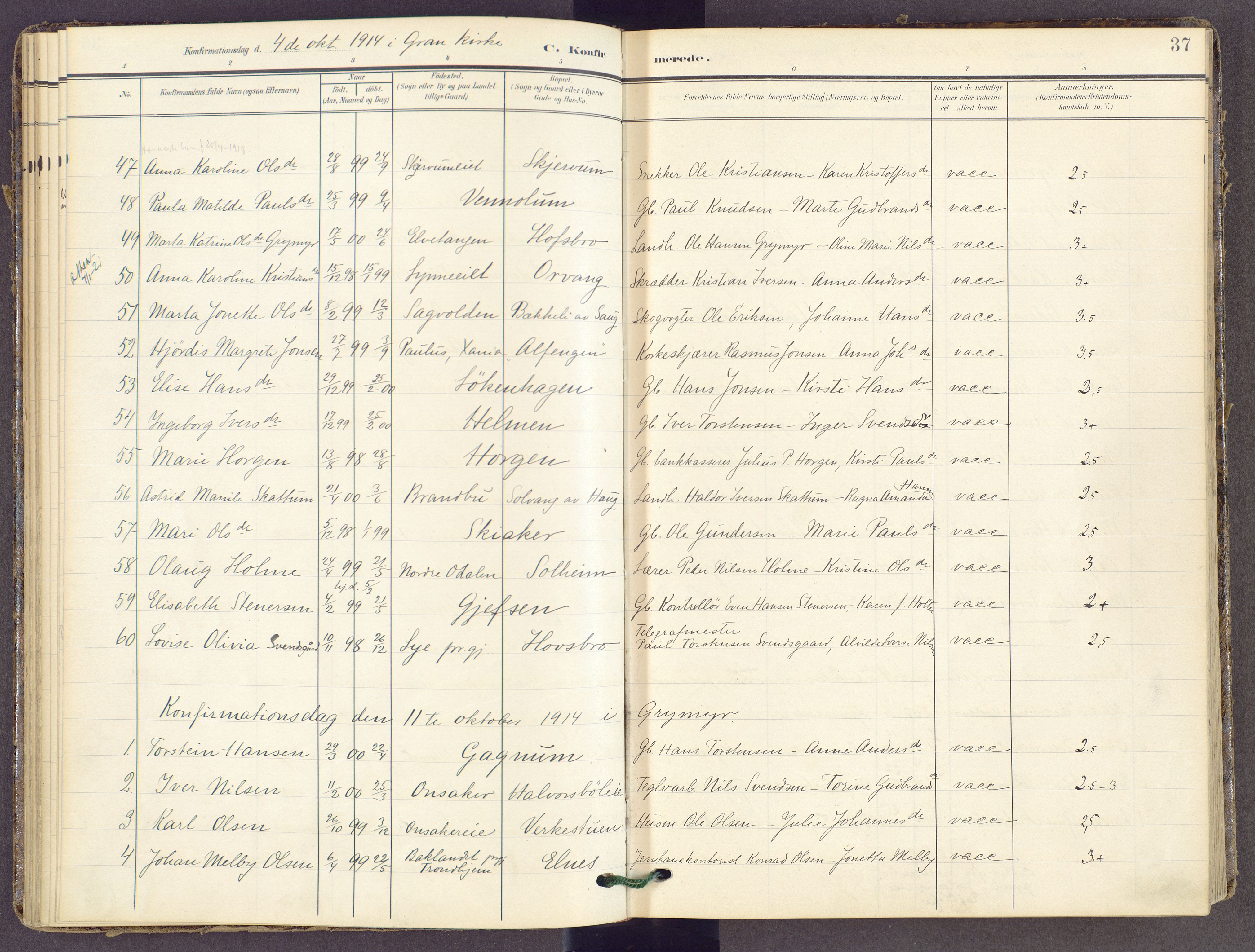 Gran prestekontor, AV/SAH-PREST-112/H/Ha/Haa/L0022: Parish register (official) no. 22, 1908-1918, p. 37