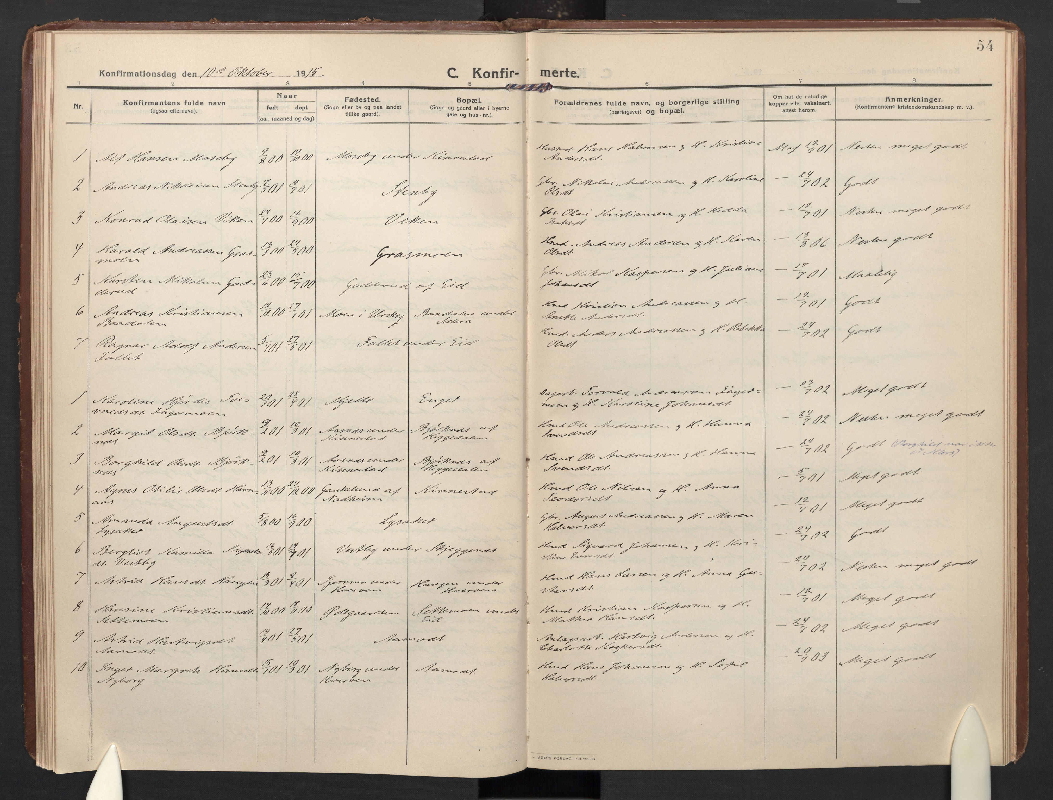 Høland prestekontor Kirkebøker, SAO/A-10346a/F/Fc: Parish register (official) no. III 4, 1912-1924, p. 54