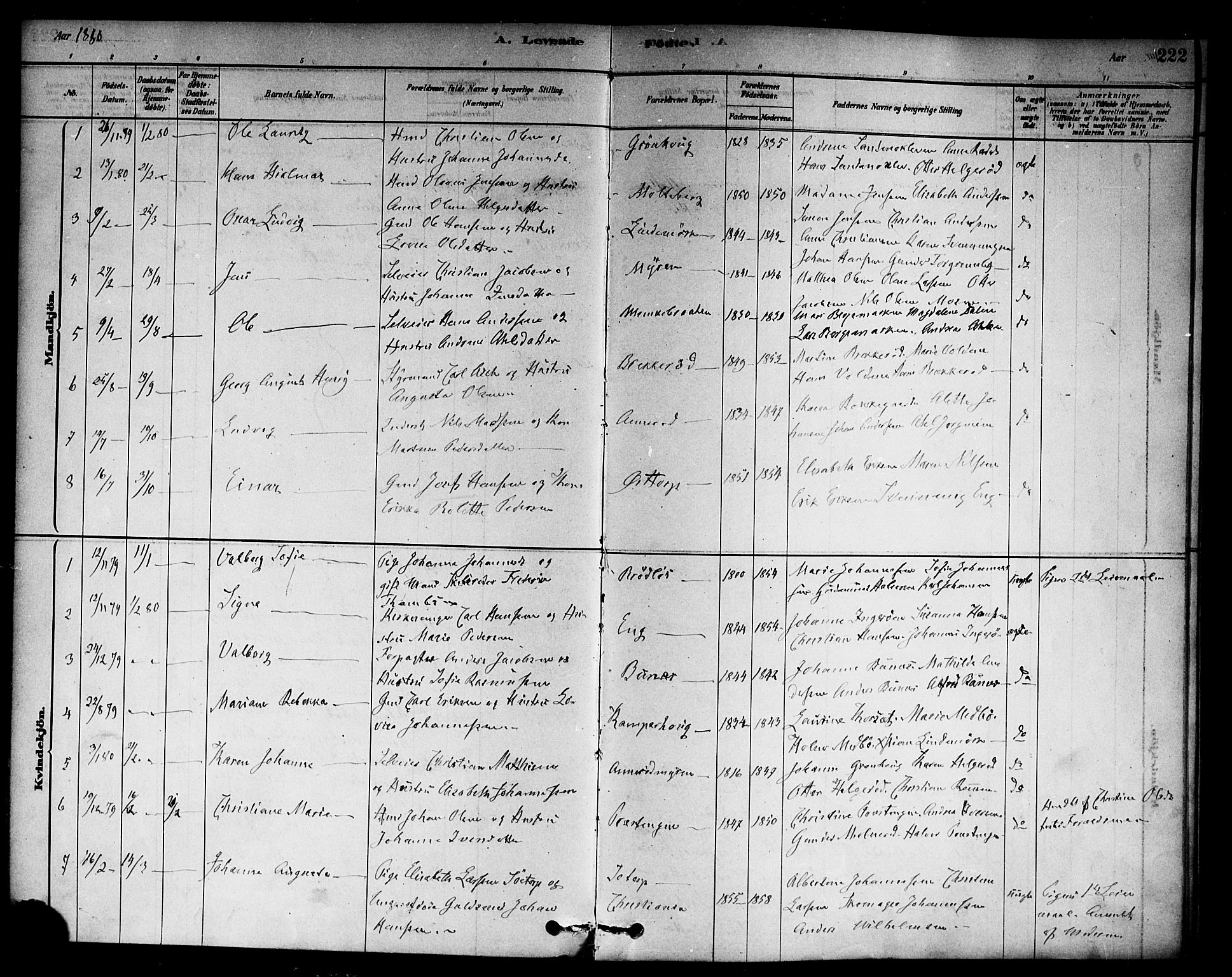 Berg prestekontor Kirkebøker, SAO/A-10902/F/Fc/L0001: Parish register (official) no. III 1, 1878-1887, p. 222
