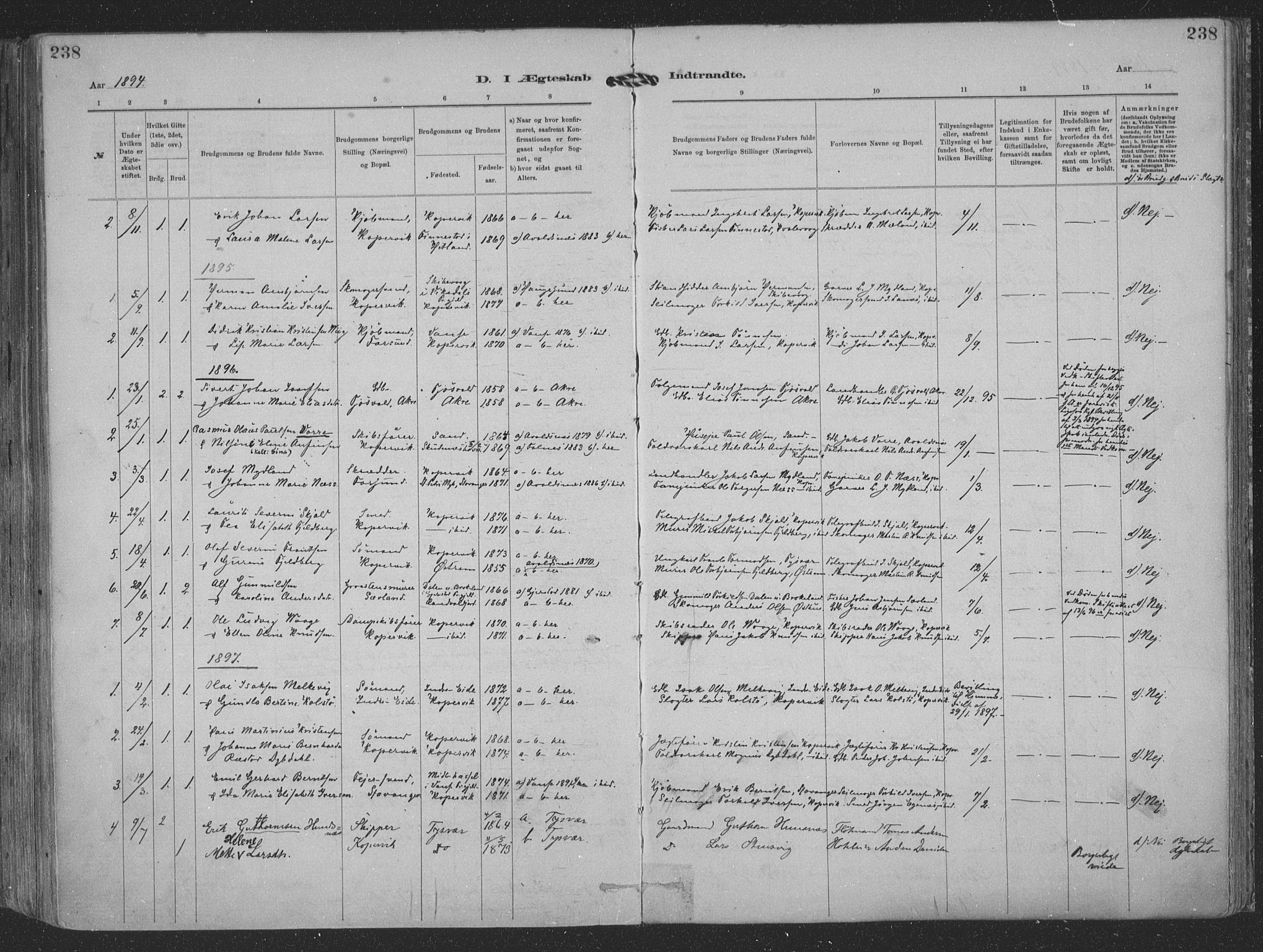 Kopervik sokneprestkontor, SAST/A-101850/H/Ha/Haa/L0001: Parish register (official) no. A 1, 1880-1919, p. 238