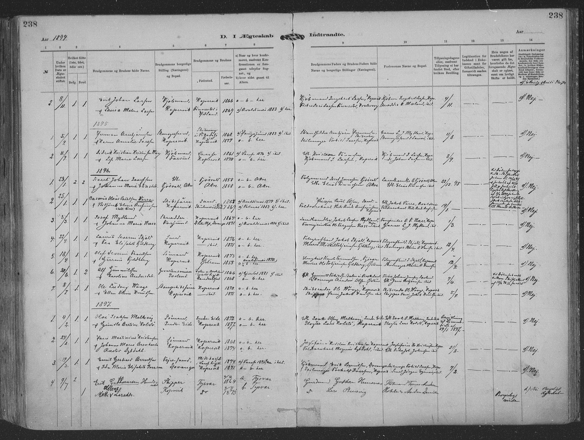 Kopervik sokneprestkontor, AV/SAST-A-101850/H/Ha/Haa/L0001: Parish register (official) no. A 1, 1880-1919, p. 238