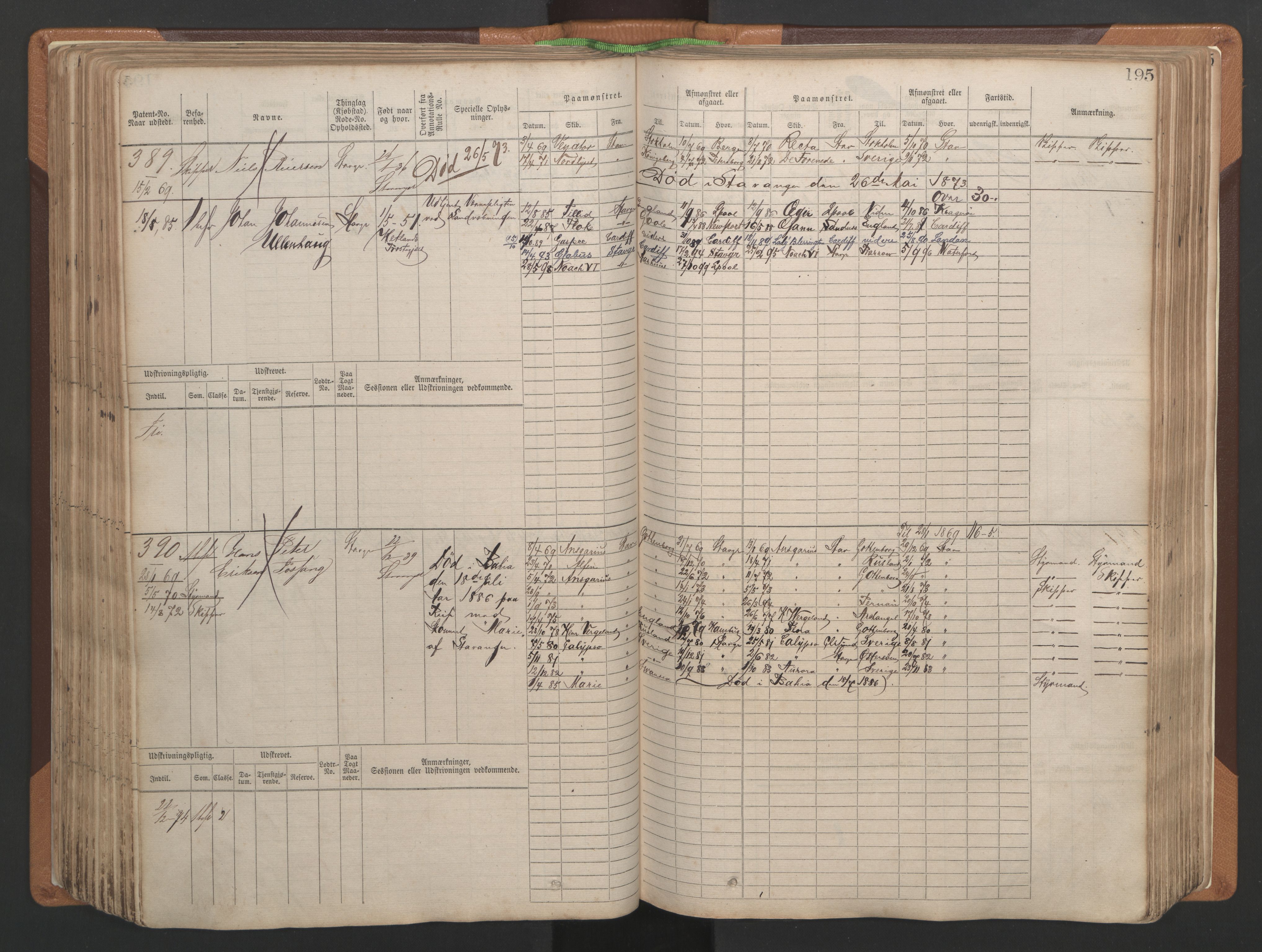 Stavanger sjømannskontor, AV/SAST-A-102006/F/Fb/Fbb/L0004: Sjøfartshovedrulle, patentnr. 1-792 (del 1), 1869-1880, p. 199