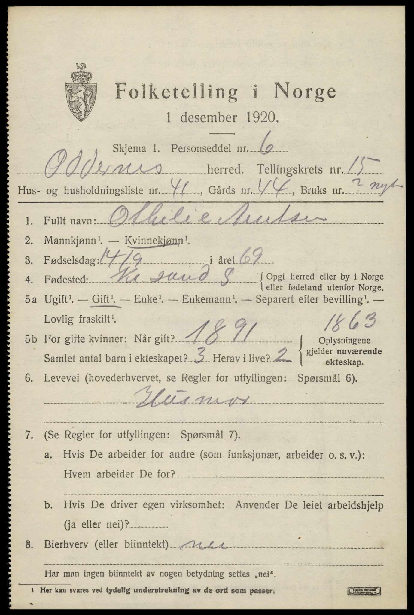 SAK, 1920 census for Oddernes, 1920, p. 10471