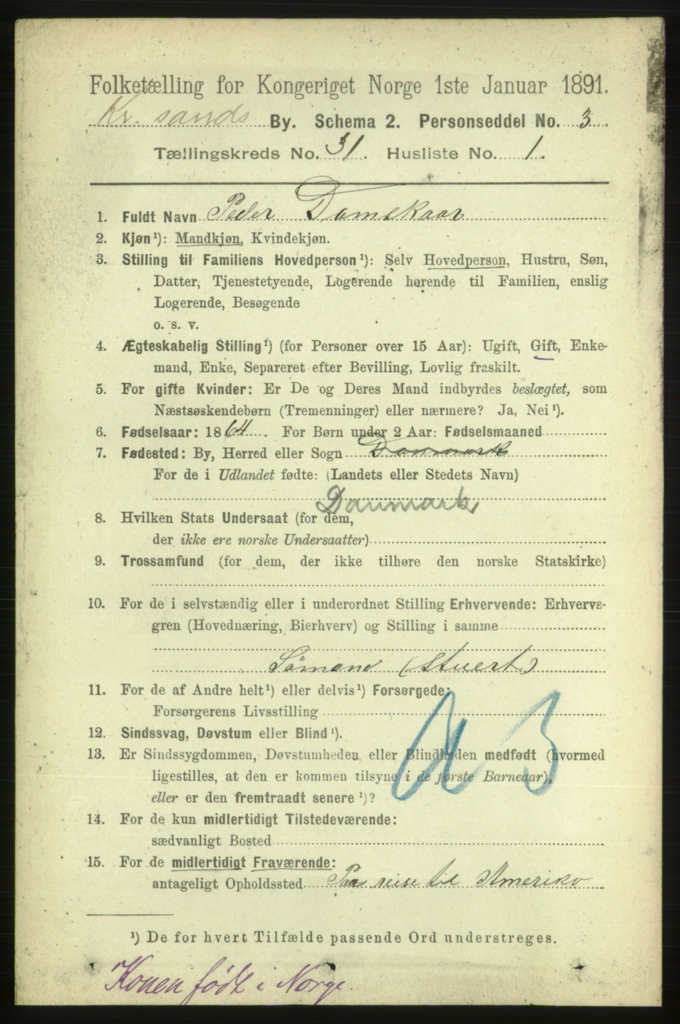 RA, 1891 census for 1001 Kristiansand, 1891, p. 9723