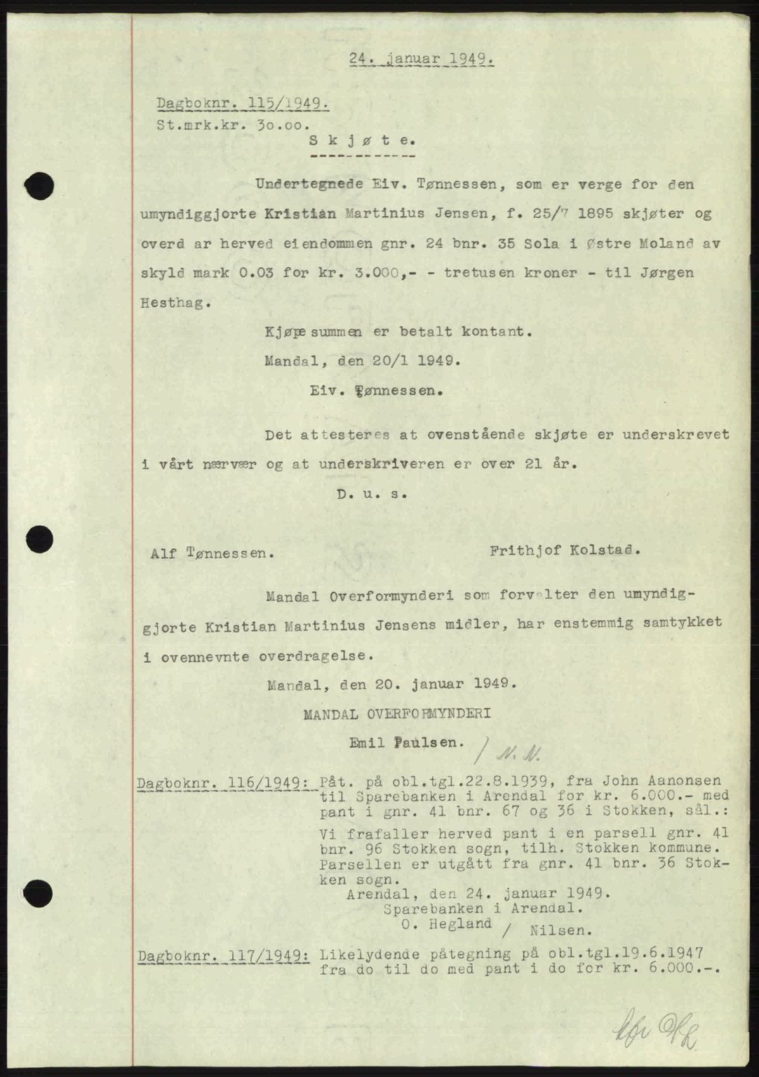 Nedenes sorenskriveri, AV/SAK-1221-0006/G/Gb/Gba/L0060: Mortgage book no. A12, 1948-1949, Diary no: : 115/1949