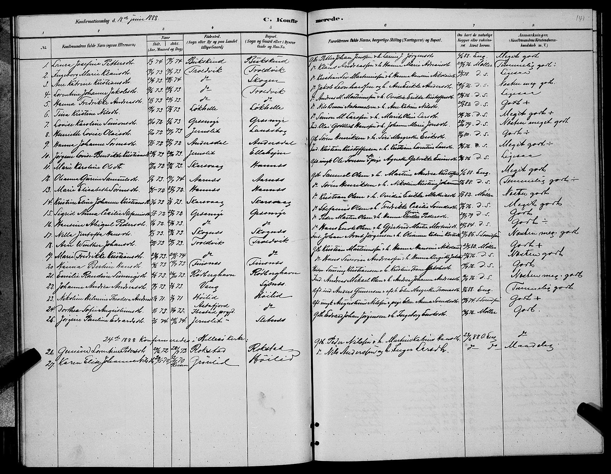 Lenvik sokneprestembete, SATØ/S-1310/H/Ha/Hab/L0006klokker: Parish register (copy) no. 6, 1881-1889, p. 141