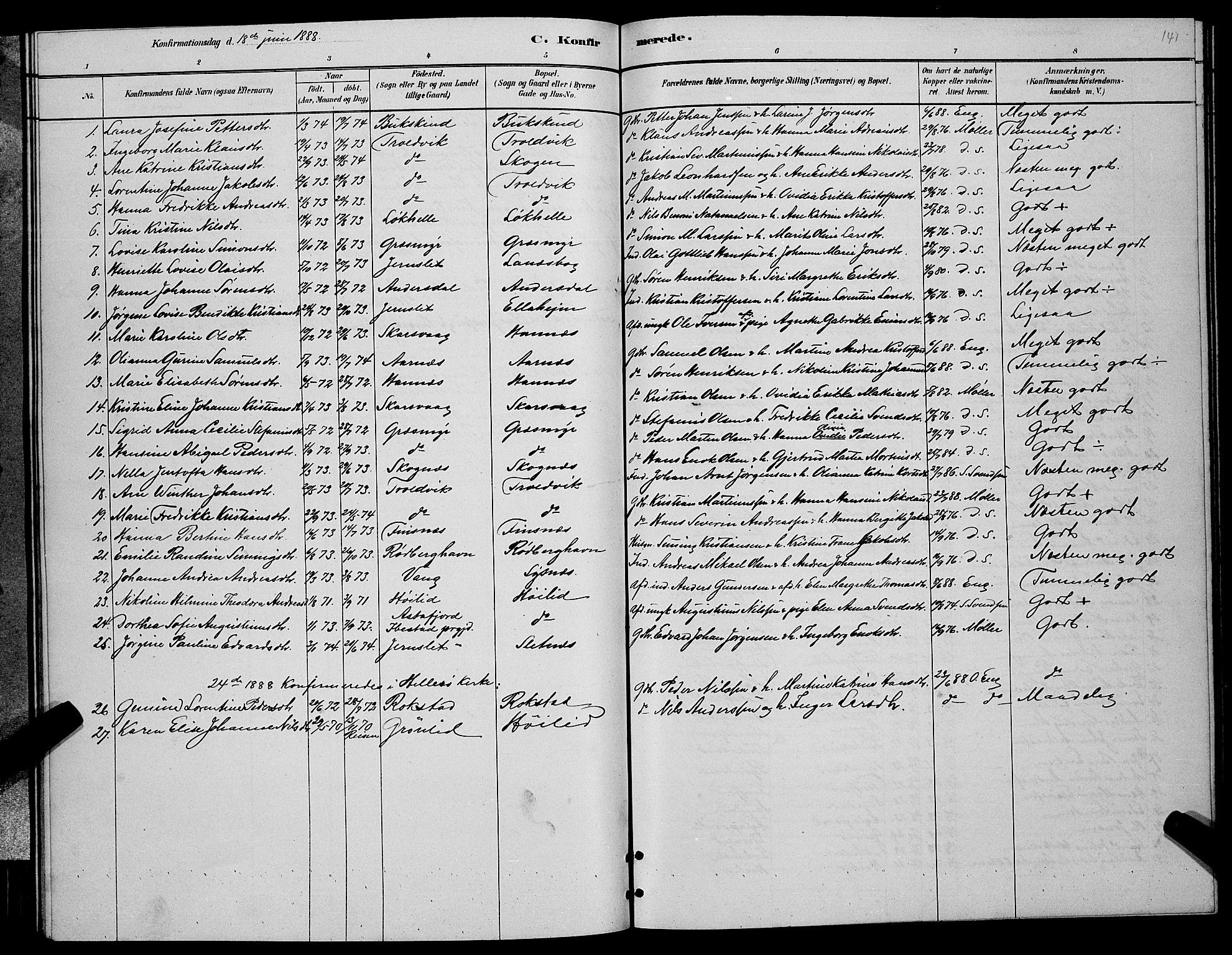 Lenvik sokneprestembete, AV/SATØ-S-1310/H/Ha/Hab/L0006klokker: Parish register (copy) no. 6, 1881-1889, p. 141