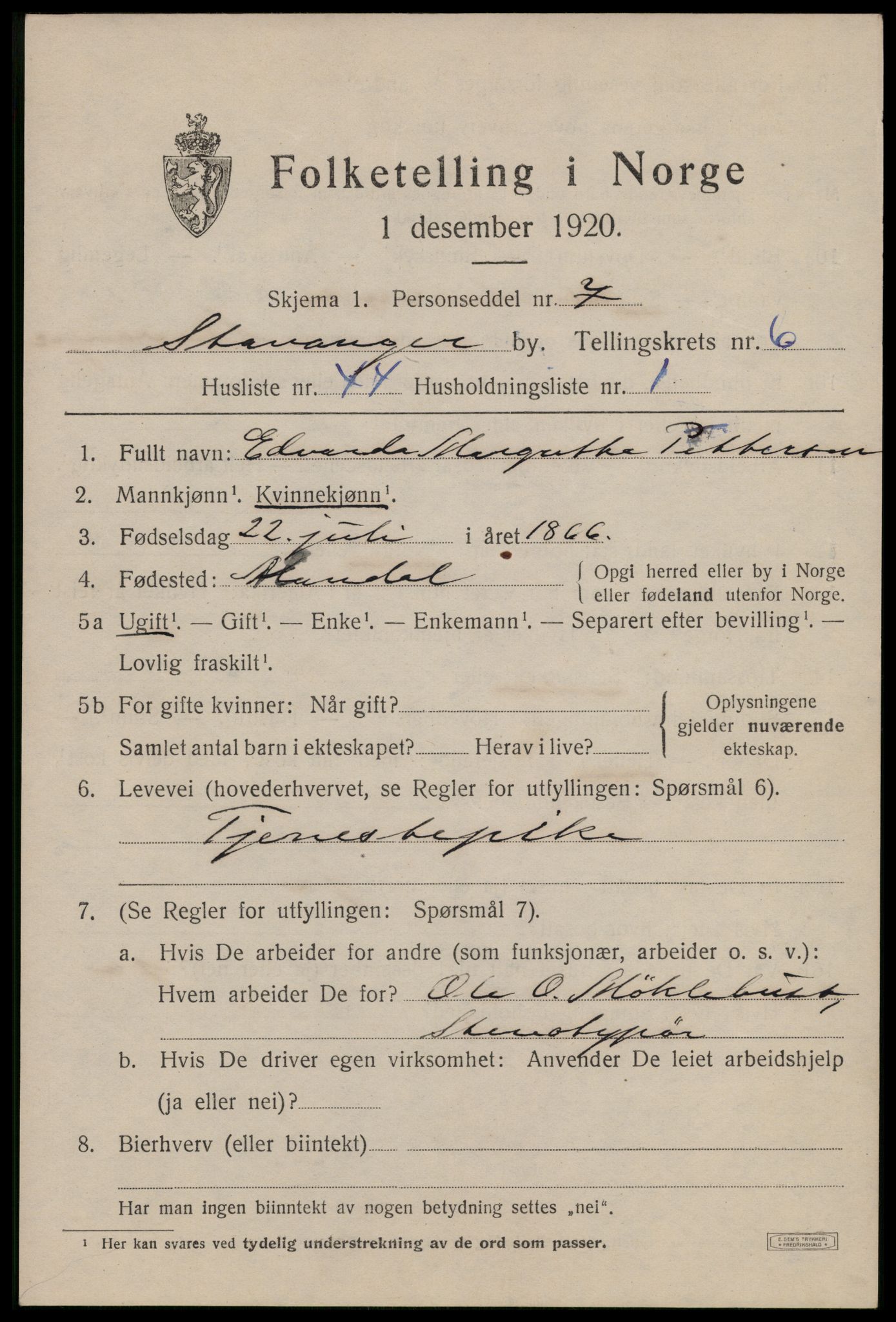 SAST, 1920 census for Stavanger, 1920, p. 43128