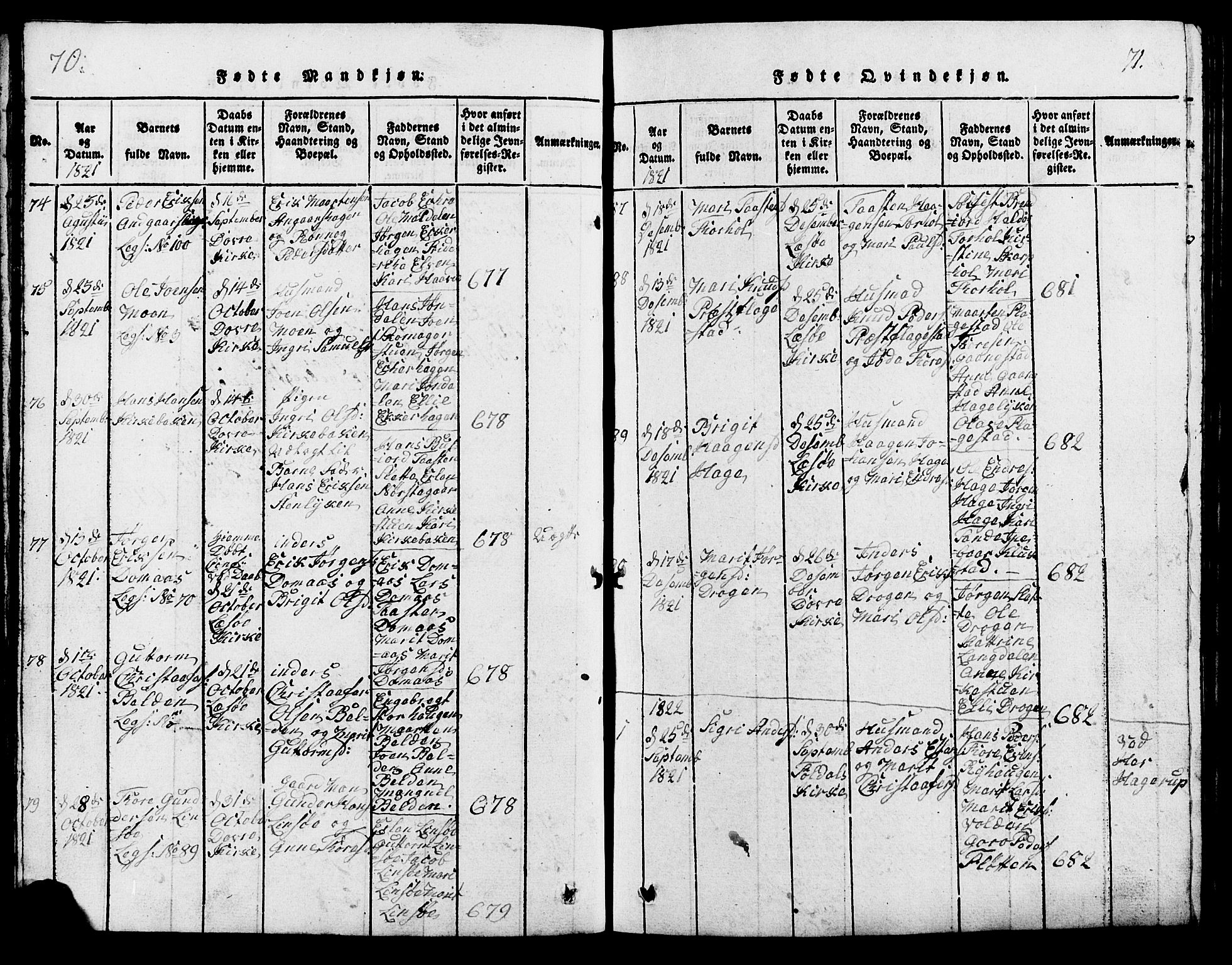 Lesja prestekontor, SAH/PREST-068/H/Ha/Hab/L0001: Parish register (copy) no. 1, 1820-1831, p. 70-71