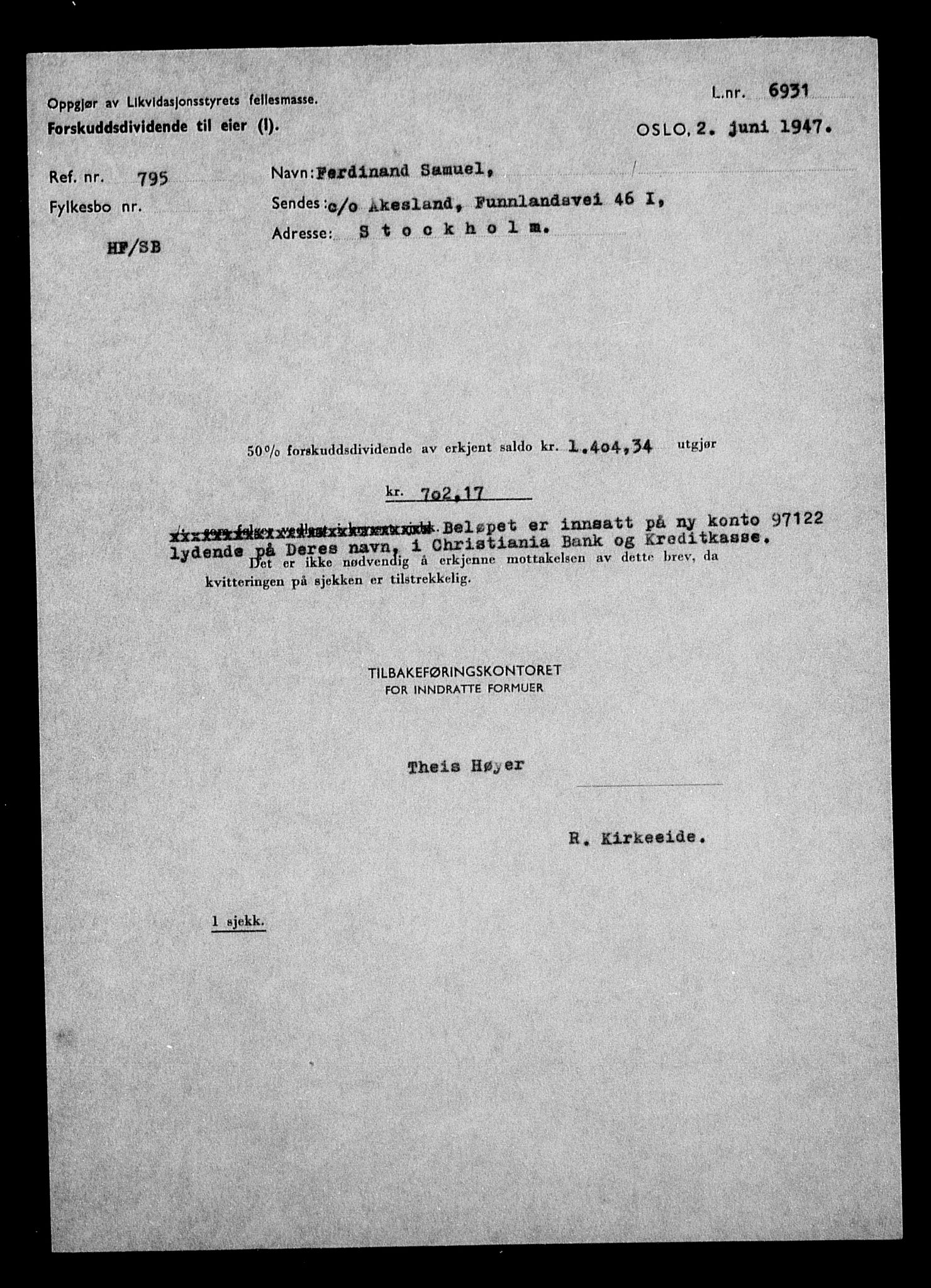 Justisdepartementet, Tilbakeføringskontoret for inndratte formuer, AV/RA-S-1564/H/Hc/Hcc/L0976: --, 1945-1947, p. 684