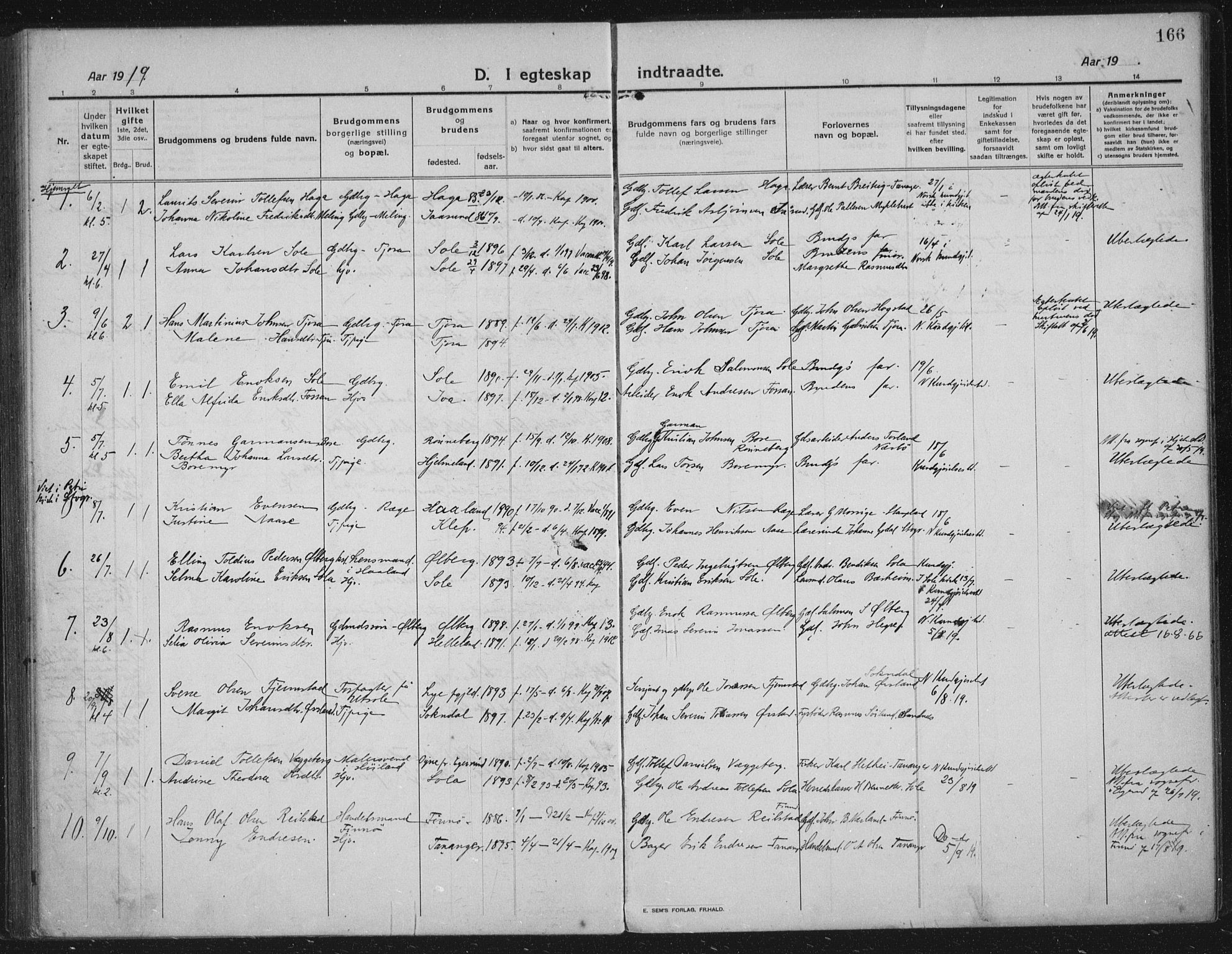 Håland sokneprestkontor, AV/SAST-A-101802/002/C/L0001: Parish register (official) no. A 14, 1913-1927, p. 166
