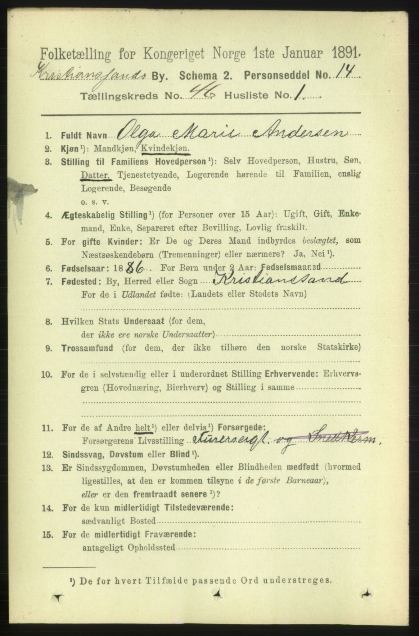 RA, 1891 census for 1001 Kristiansand, 1891, p. 14013