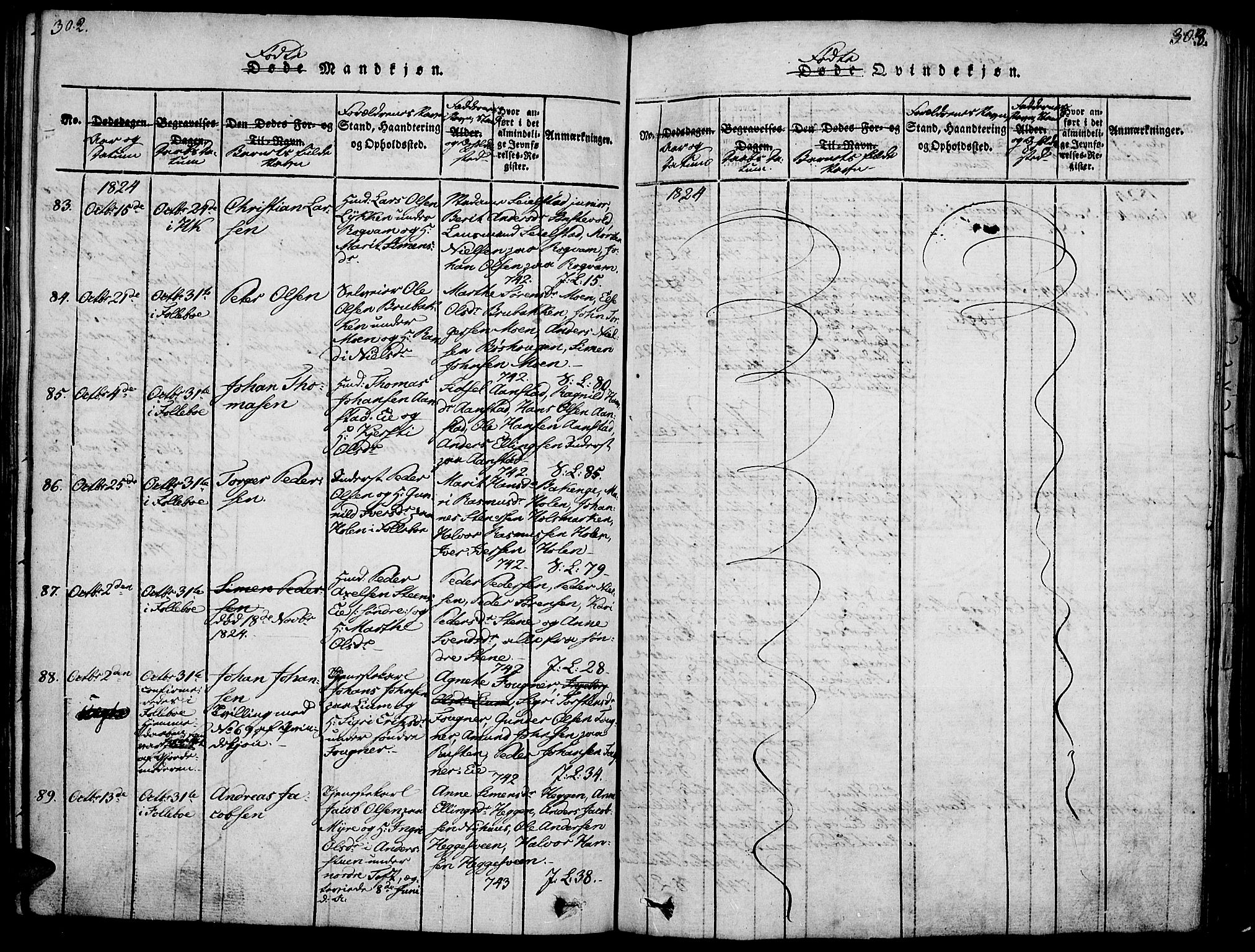Gausdal prestekontor, SAH/PREST-090/H/Ha/Haa/L0005: Parish register (official) no. 5, 1817-1829, p. 302-303