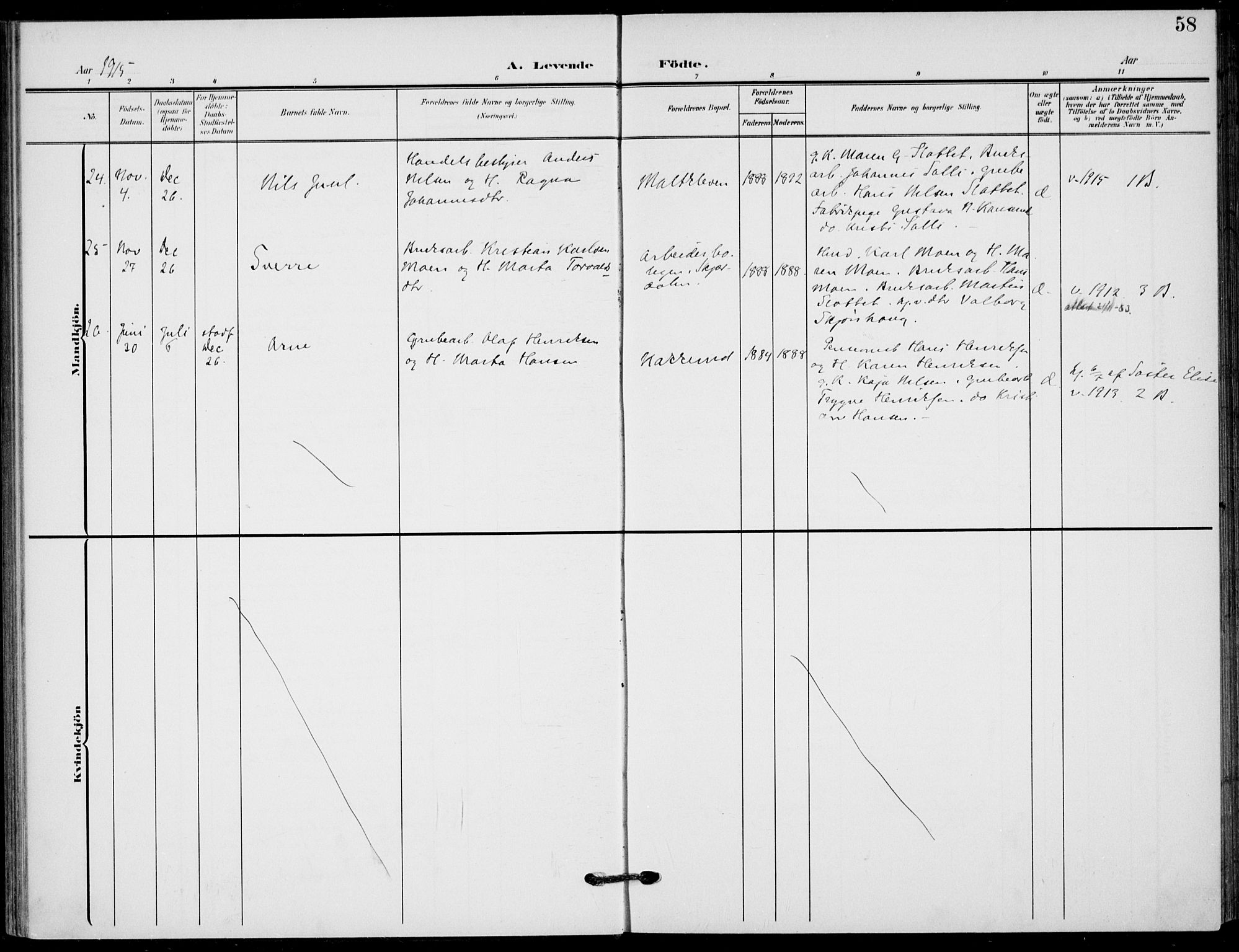 Hole kirkebøker, AV/SAKO-A-228/F/Fb/L0003: Parish register (official) no. II 3, 1906-1916, p. 58