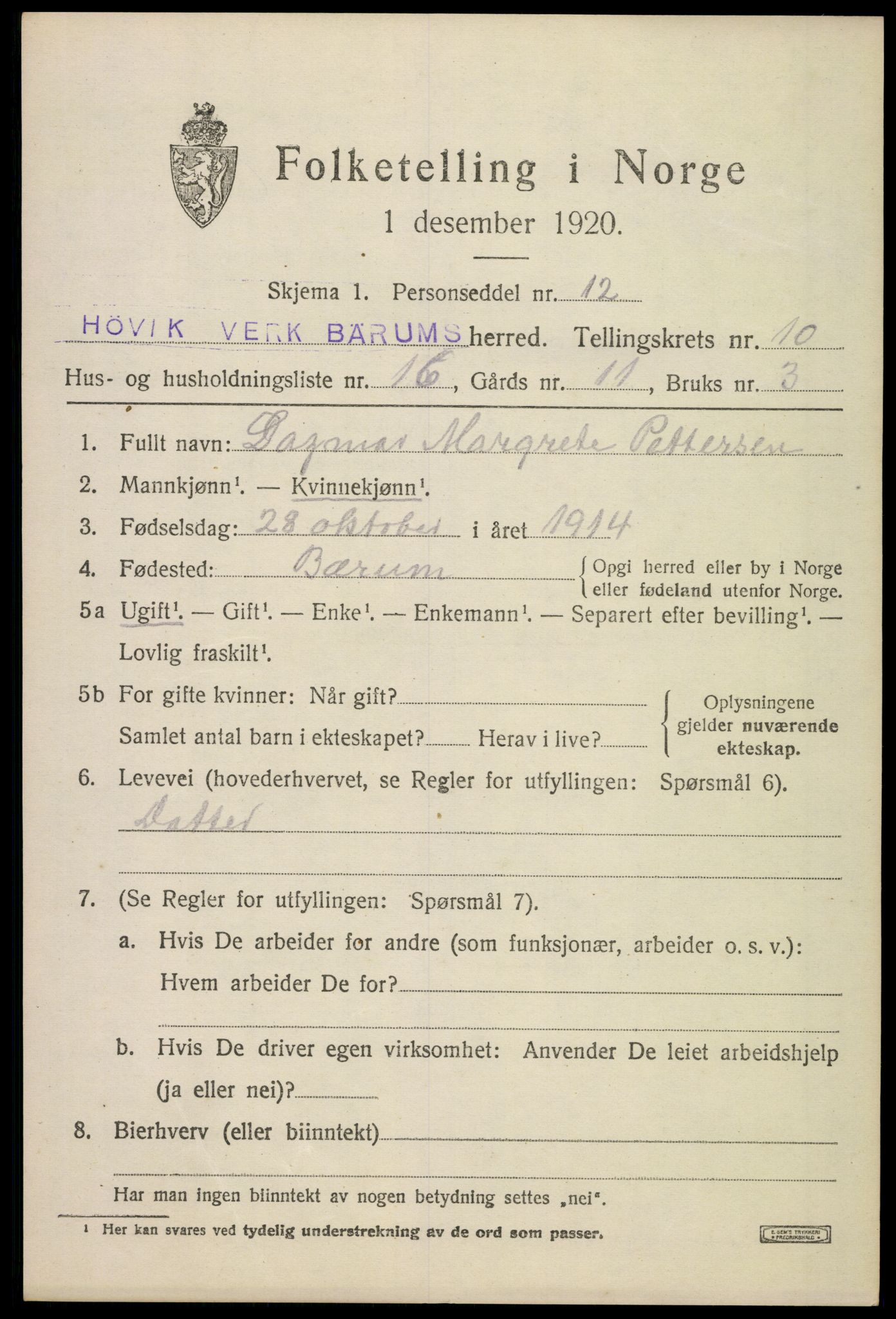 SAO, 1920 census for Bærum, 1920, p. 23396