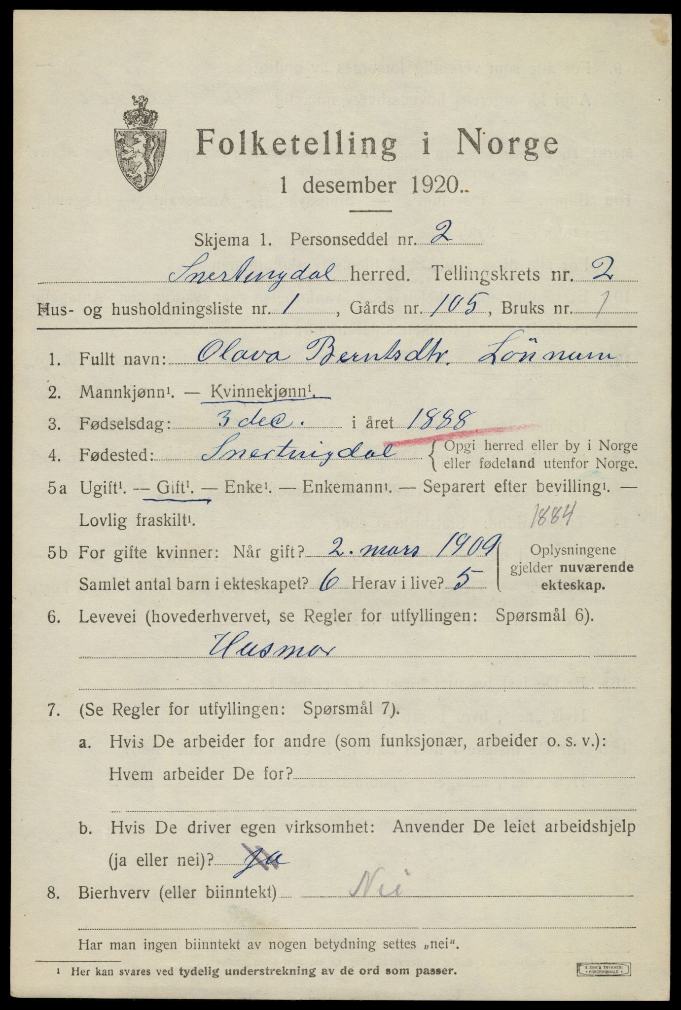 SAH, 1920 census for Snertingdal, 1920, p. 1361