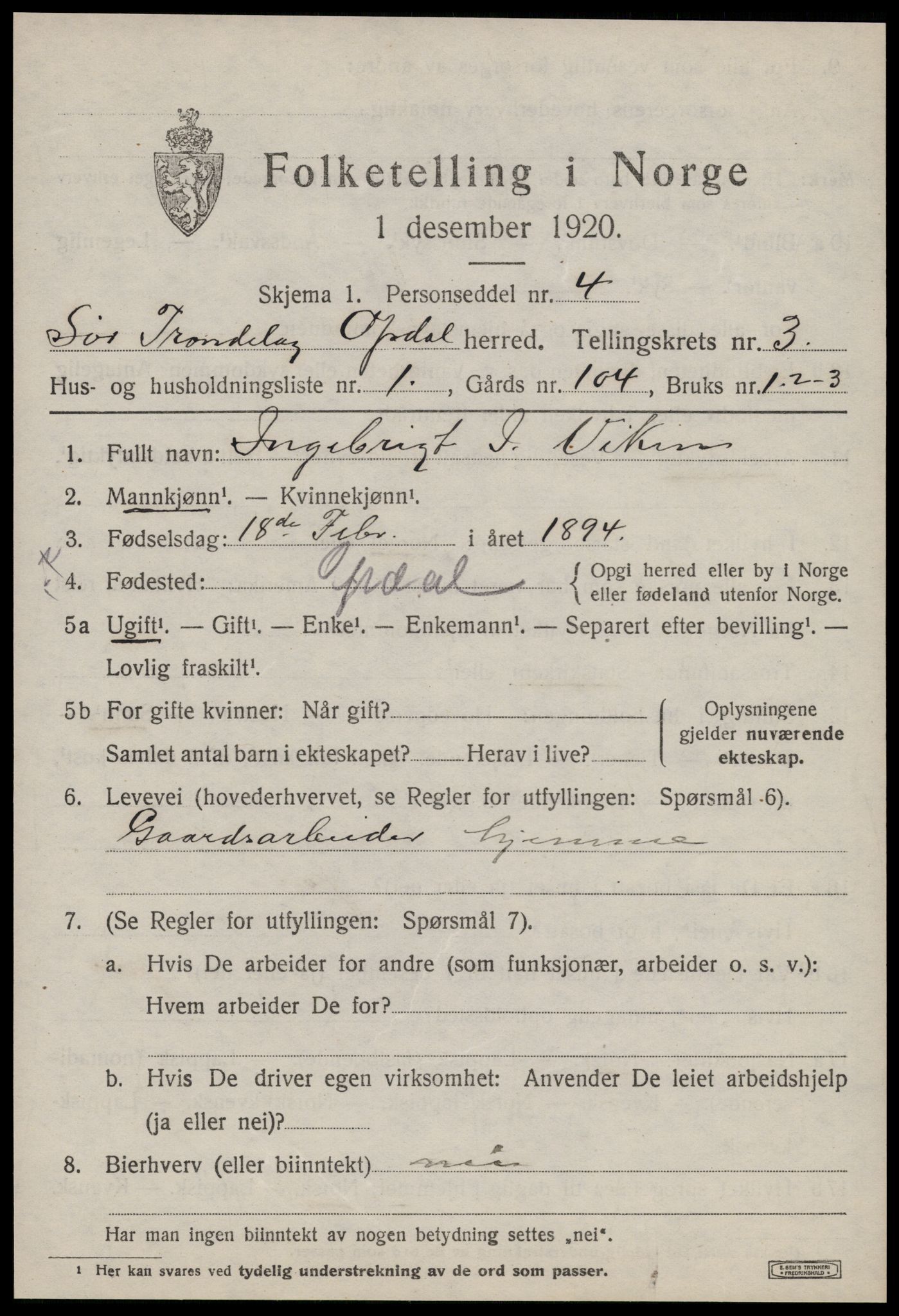 SAT, 1920 census for Oppdal, 1920, p. 3145