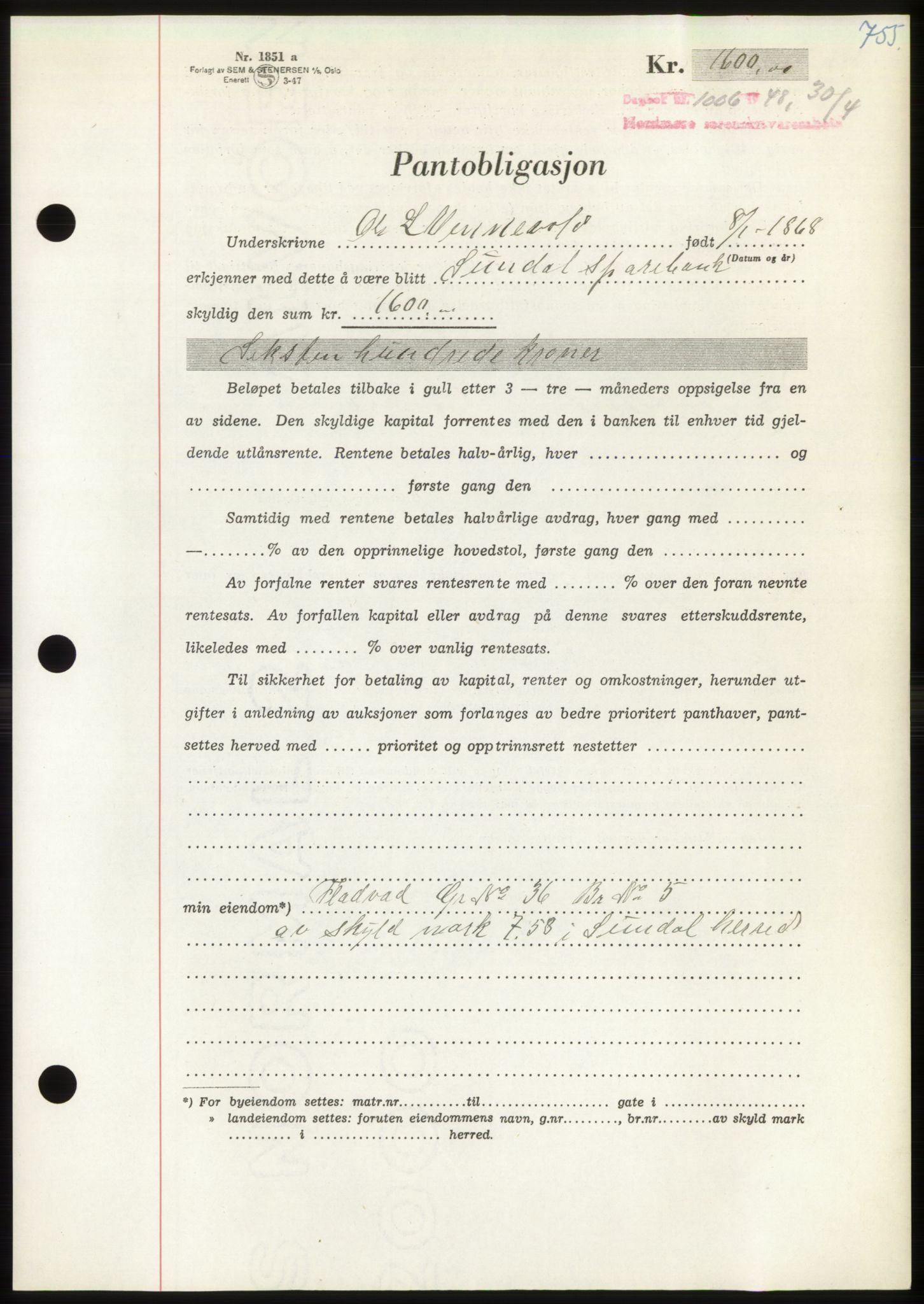 Nordmøre sorenskriveri, AV/SAT-A-4132/1/2/2Ca: Mortgage book no. B98, 1948-1948, Diary no: : 1006/1948