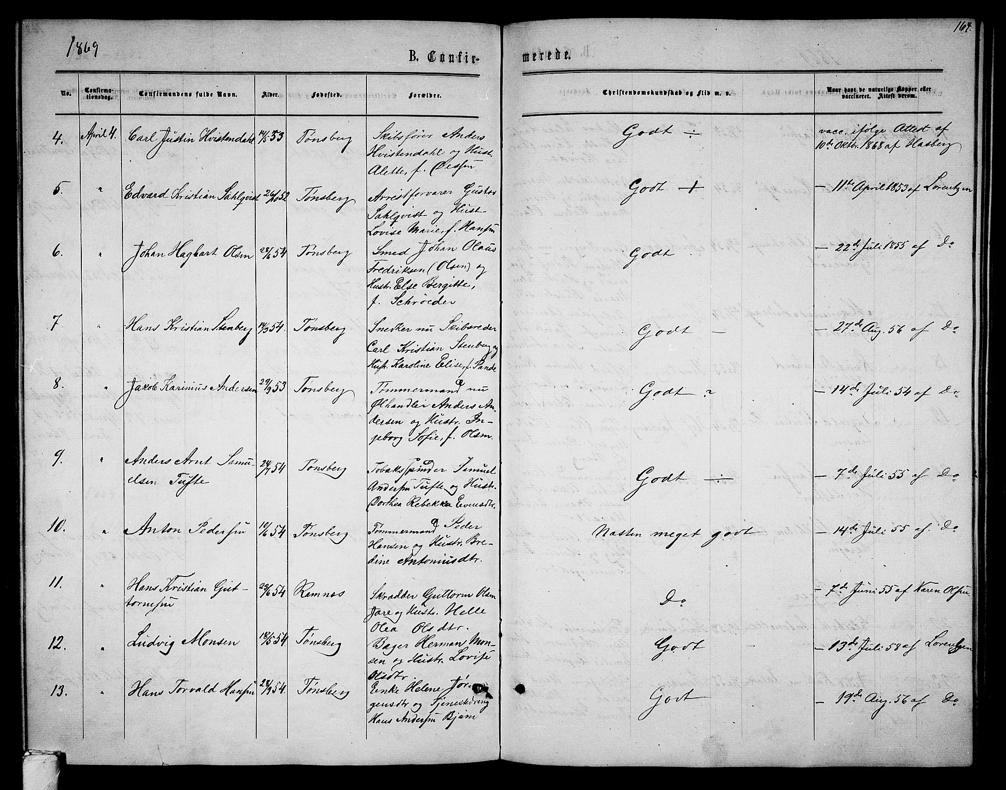 Tønsberg kirkebøker, AV/SAKO-A-330/G/Ga/L0004: Parish register (copy) no. 4, 1865-1874, p. 164