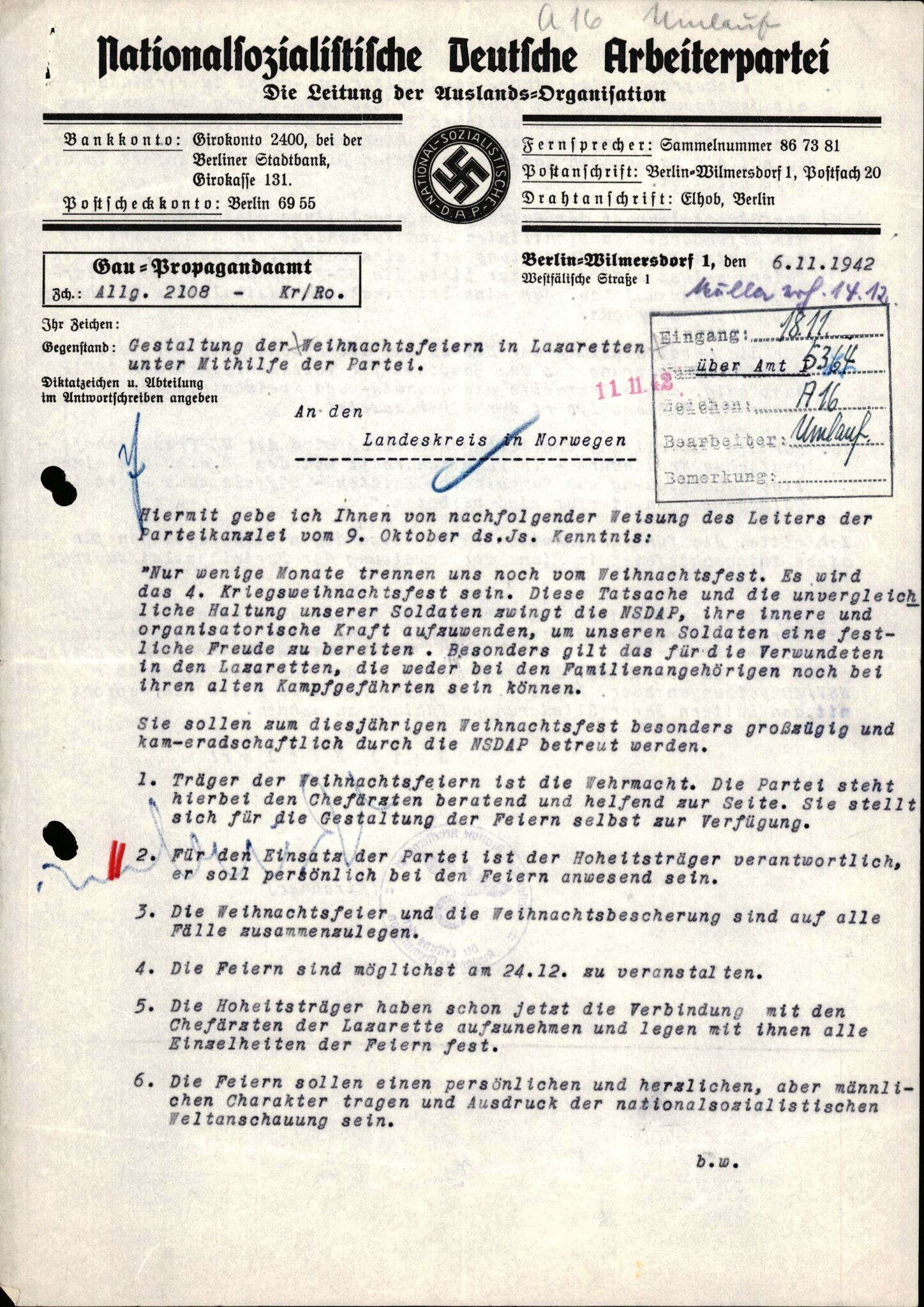 Forsvarets Overkommando. 2 kontor. Arkiv 11.4. Spredte tyske arkivsaker, AV/RA-RAFA-7031/D/Dar/Darb/L0015: Reichskommissariat - NSDAP in Norwegen, 1938-1945, p. 43