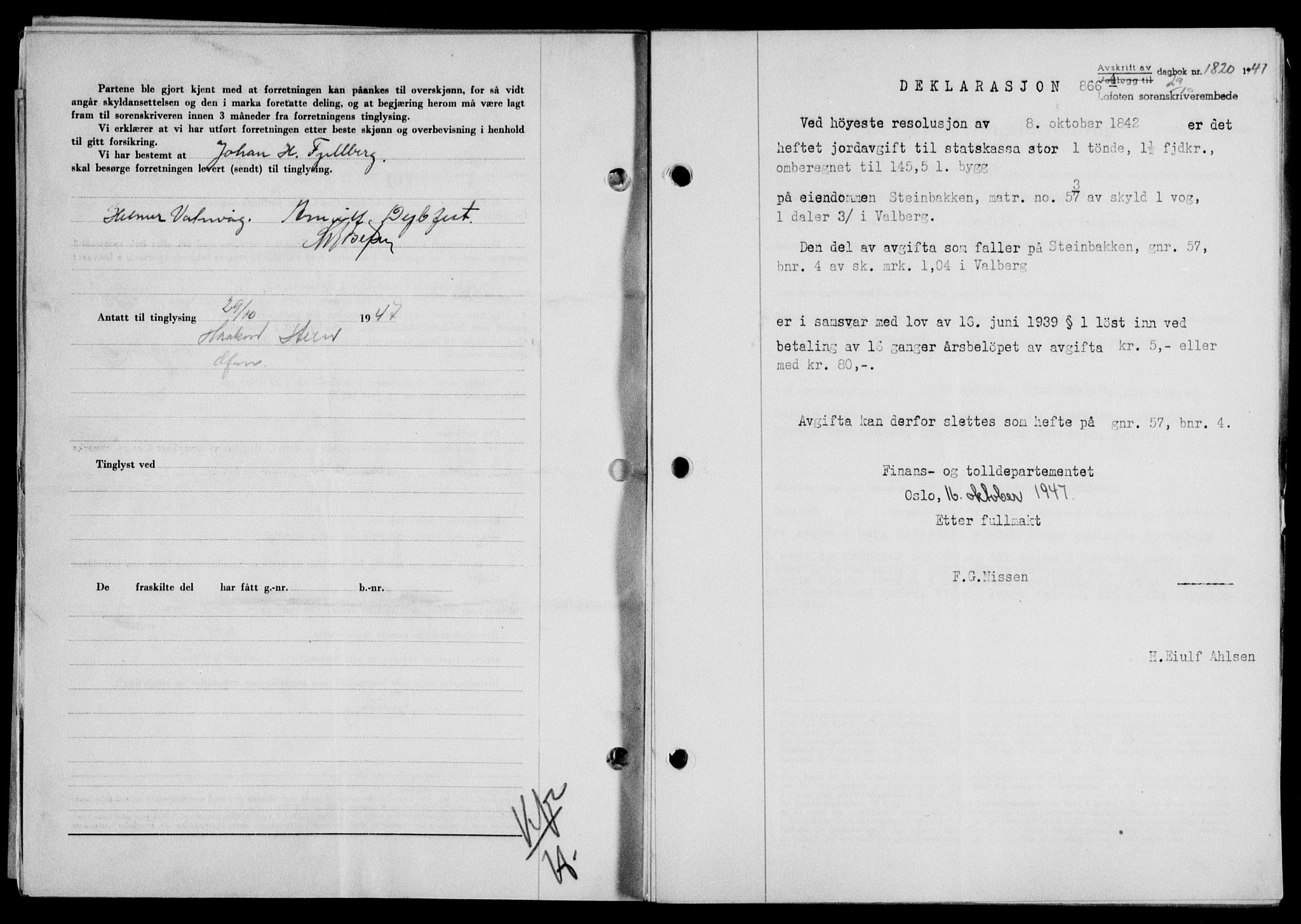 Lofoten sorenskriveri, SAT/A-0017/1/2/2C/L0017a: Mortgage book no. 17a, 1947-1948, Diary no: : 1820/1947
