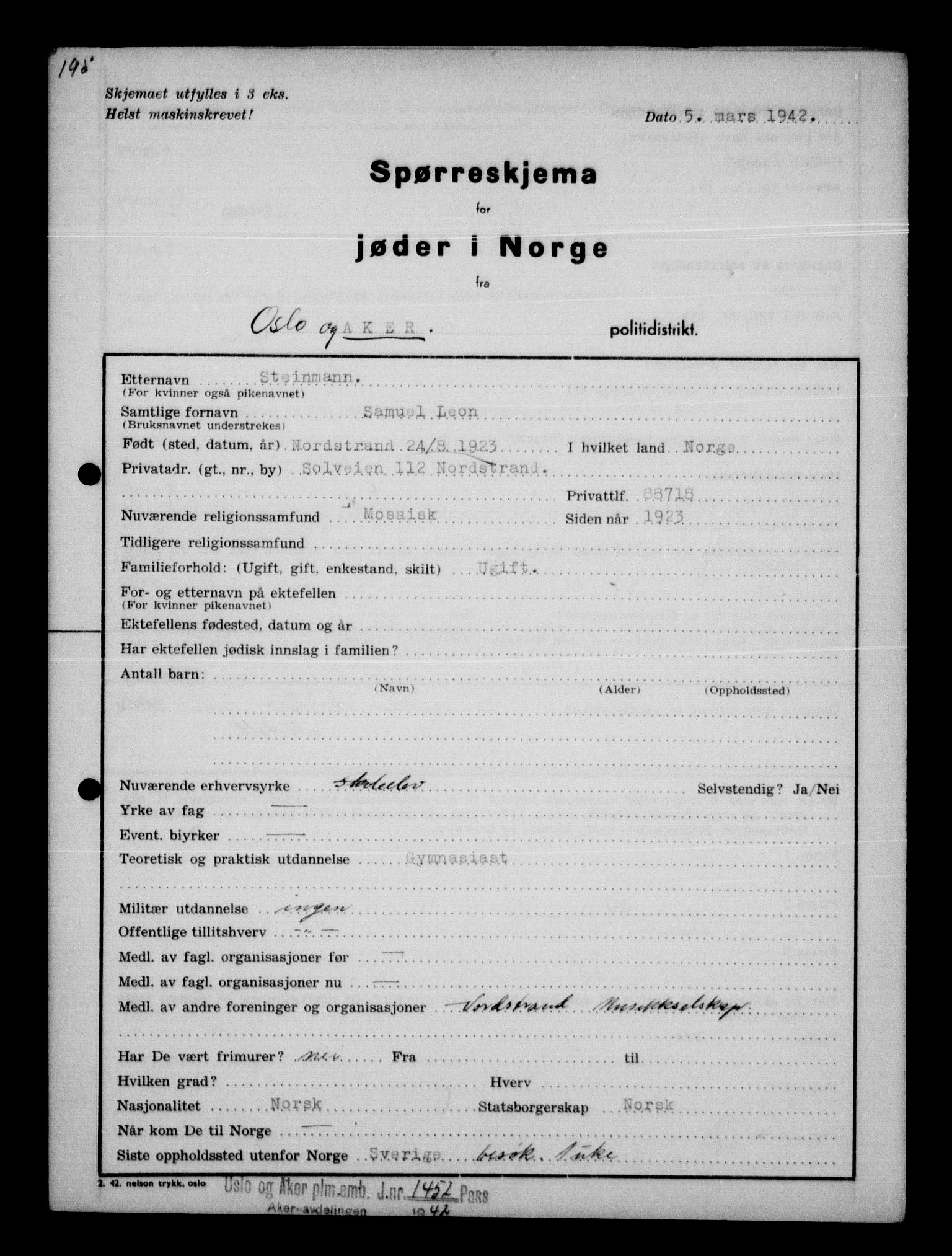 Statspolitiet - Hovedkontoret / Osloavdelingen, AV/RA-S-1329/G/Ga/L0012: Spørreskjema for jøder i Norge. 1: Aker 114- 207 (Levinson-Wozak) og 656 (Salomon). 2: Arendal-Hordaland. 3: Horten-Romerike.  , 1942, p. 248