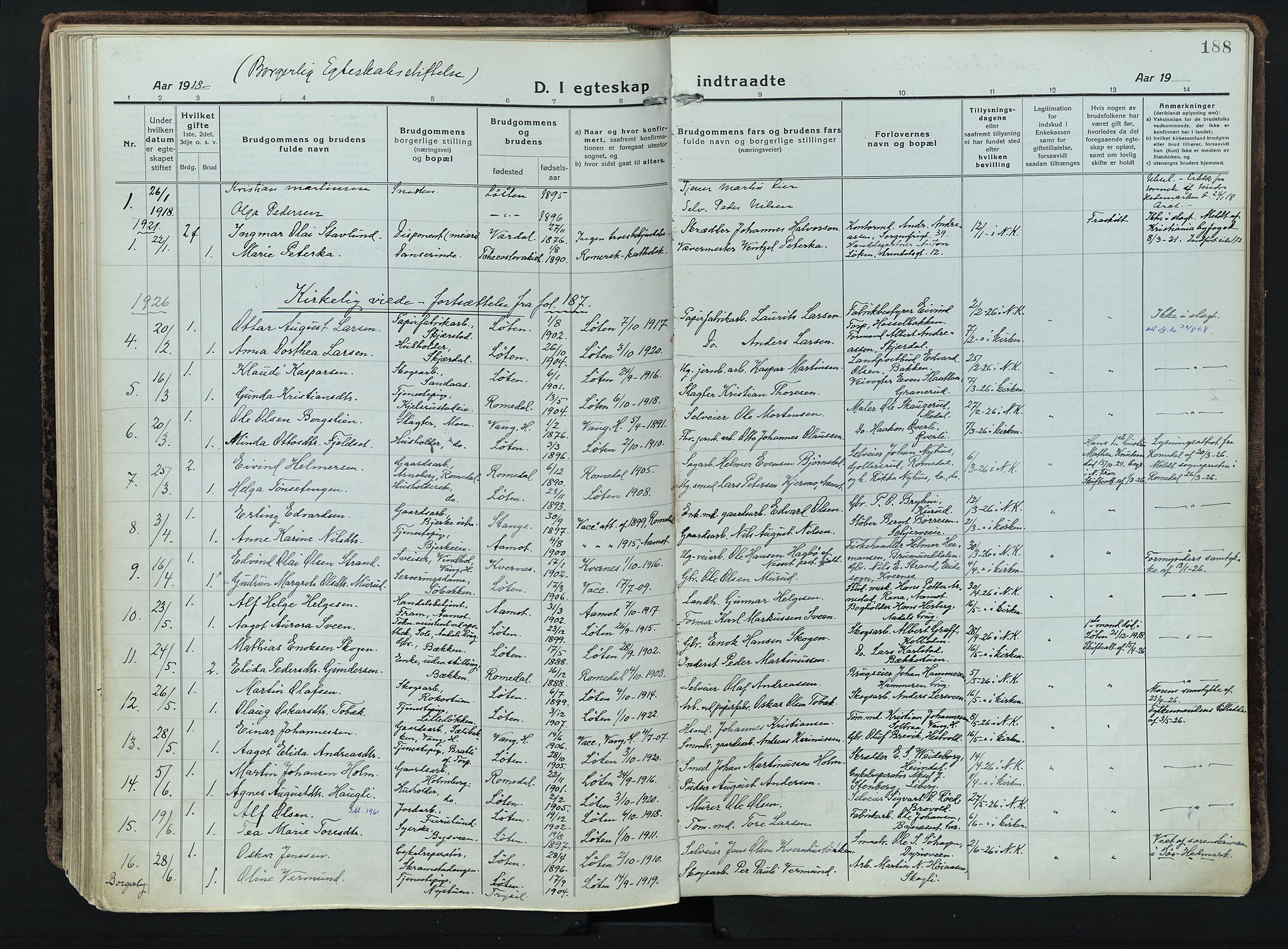 Løten prestekontor, SAH/PREST-022/K/Ka/L0012: Parish register (official) no. 12, 1918-1926, p. 188