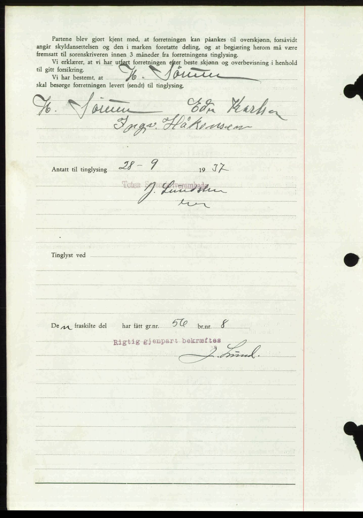 Toten tingrett, SAH/TING-006/H/Hb/Hbc/L0003: Mortgage book no. Hbc-03, 1937-1938, Diary no: : 2259/1937