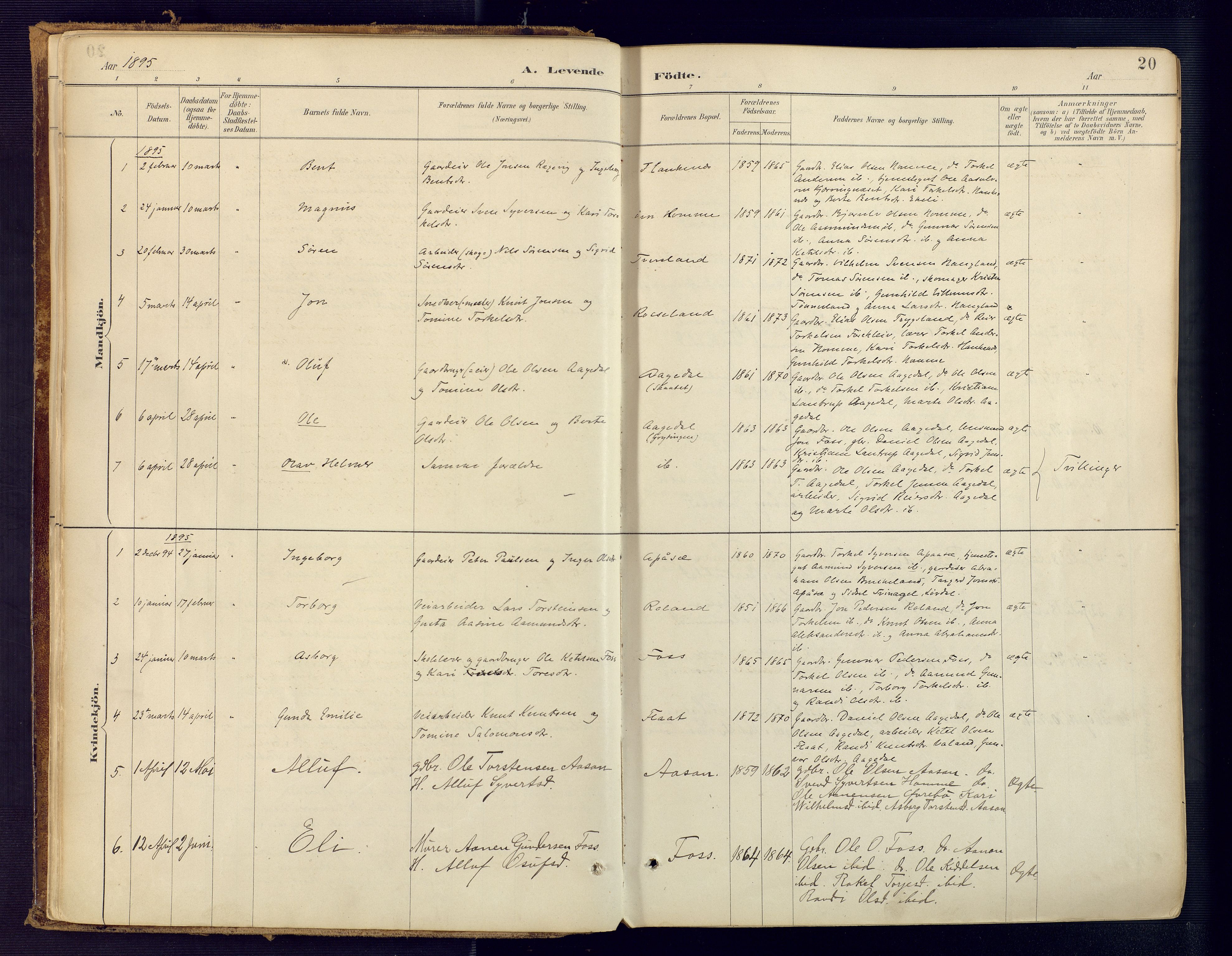 Bjelland sokneprestkontor, SAK/1111-0005/F/Fa/Faa/L0004: Parish register (official) no. A 4, 1887-1923, p. 20