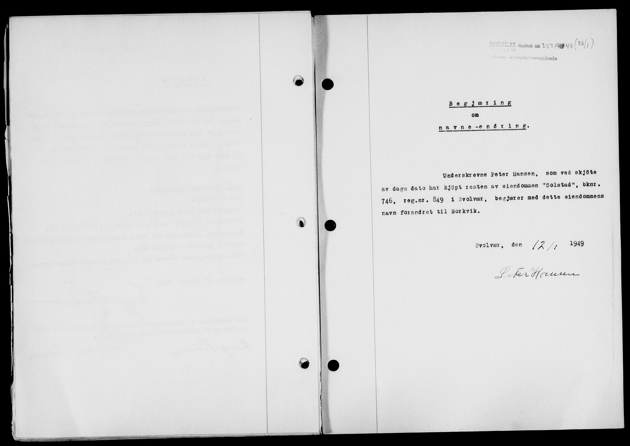 Lofoten sorenskriveri, SAT/A-0017/1/2/2C/L0020a: Mortgage book no. 20a, 1948-1949, Diary no: : 250/1949
