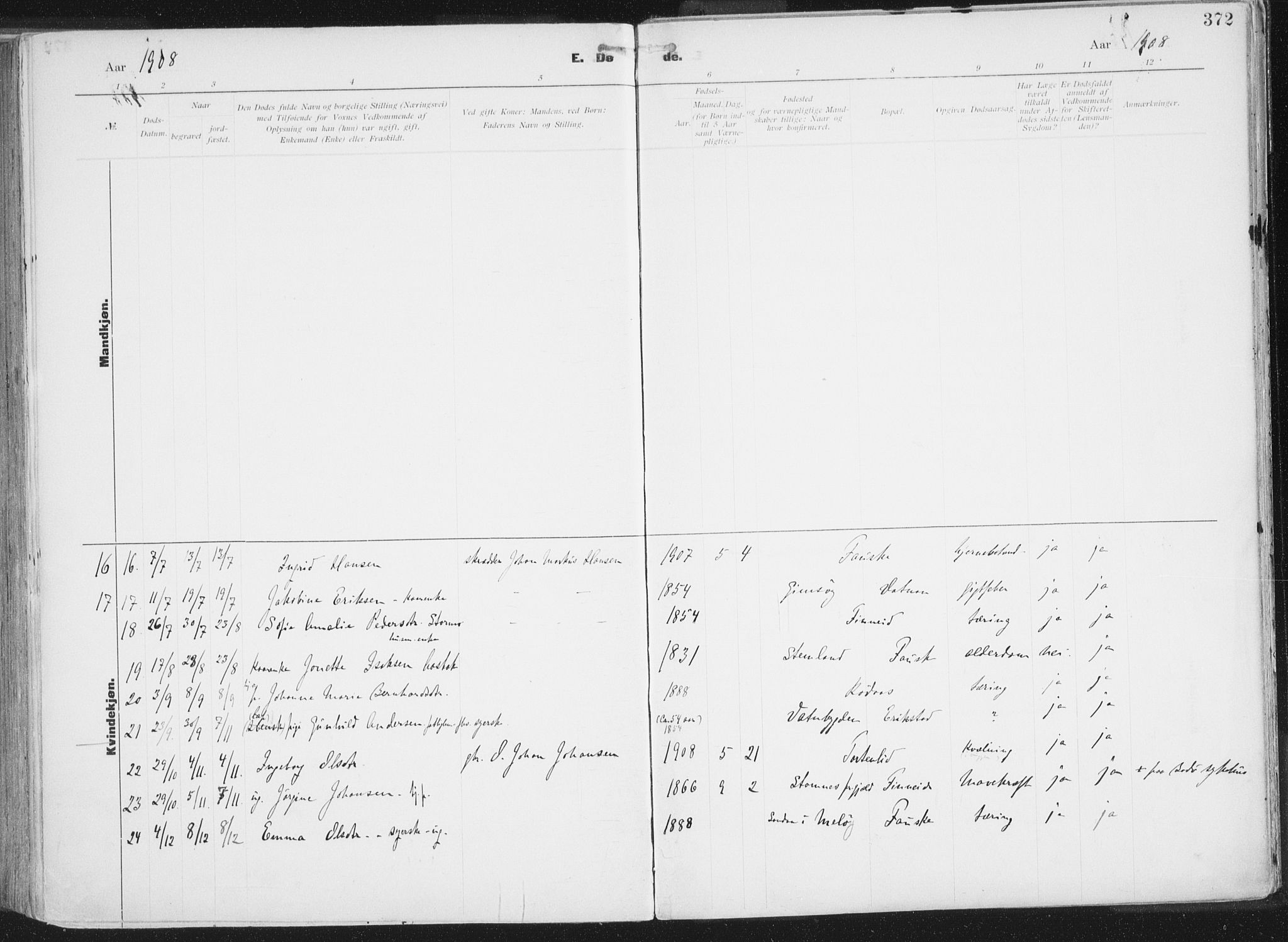 Ministerialprotokoller, klokkerbøker og fødselsregistre - Nordland, SAT/A-1459/849/L0696: Parish register (official) no. 849A08, 1898-1910, p. 372