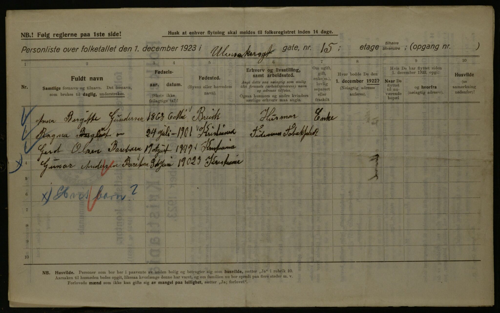 OBA, Municipal Census 1923 for Kristiania, 1923, p. 131319