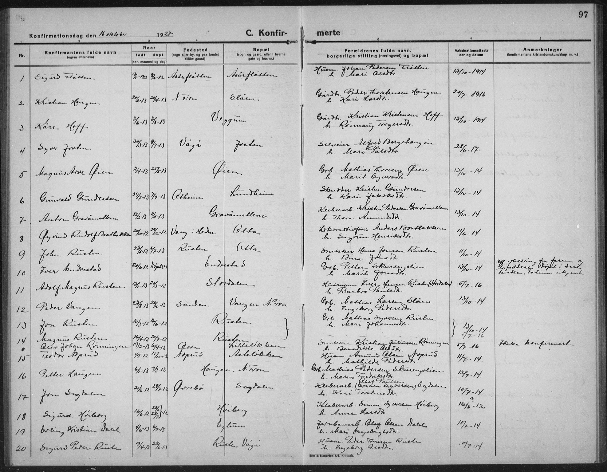 Sel prestekontor, SAH/PREST-074/H/Ha/Hab/L0002: Parish register (copy) no. 2, 1923-1939, p. 97