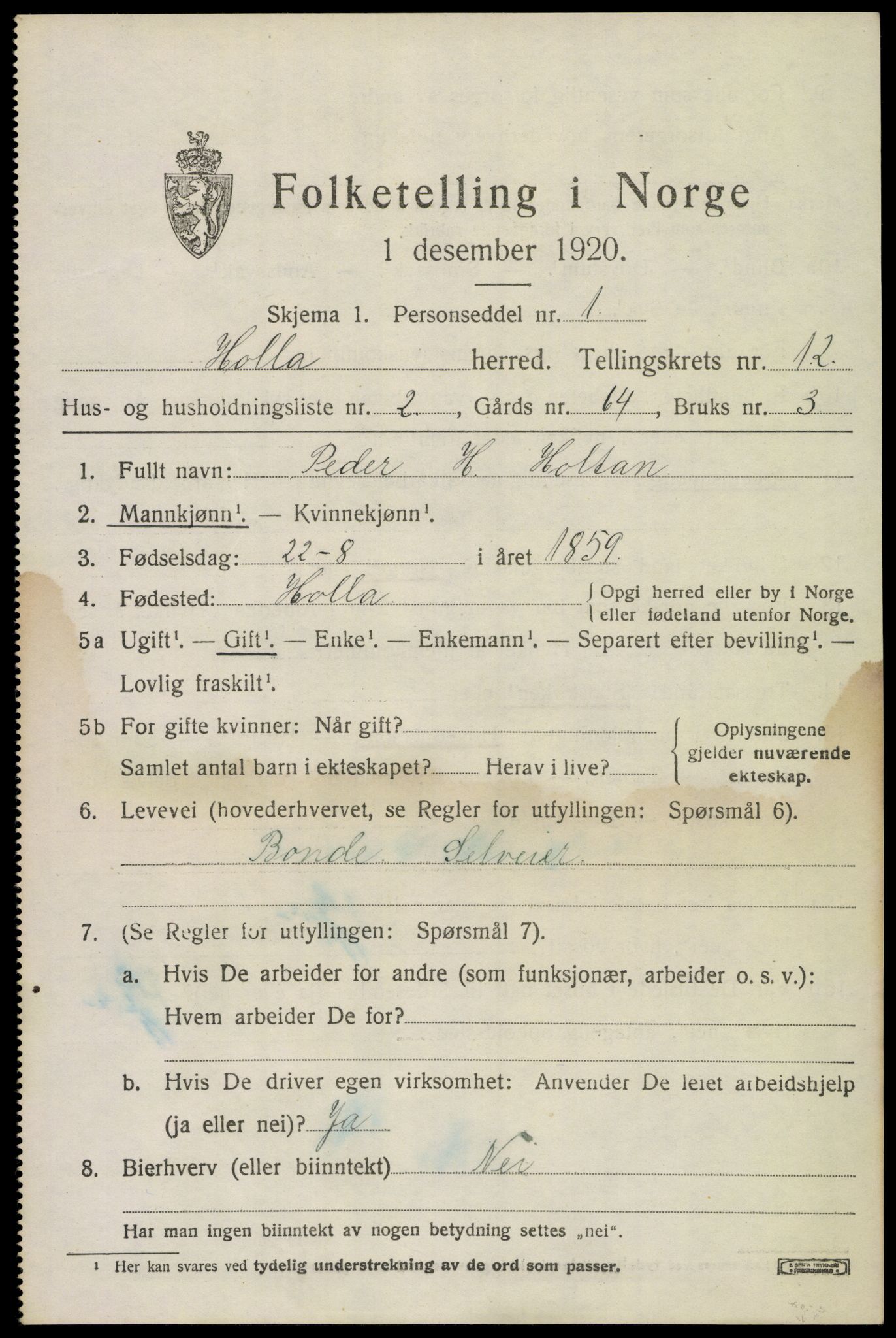 SAKO, 1920 census for Holla, 1920, p. 7507