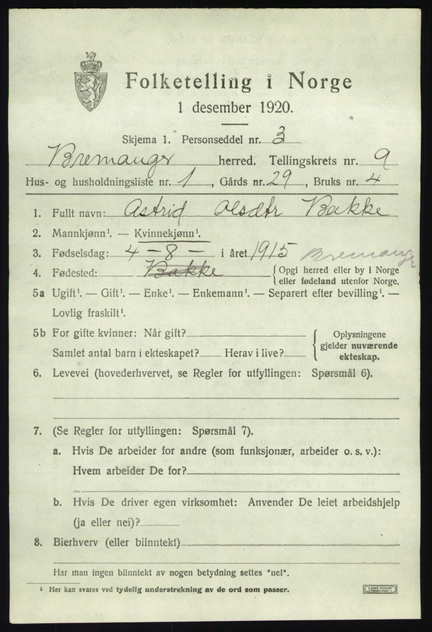 SAB, 1920 census for Bremanger, 1920, p. 5130