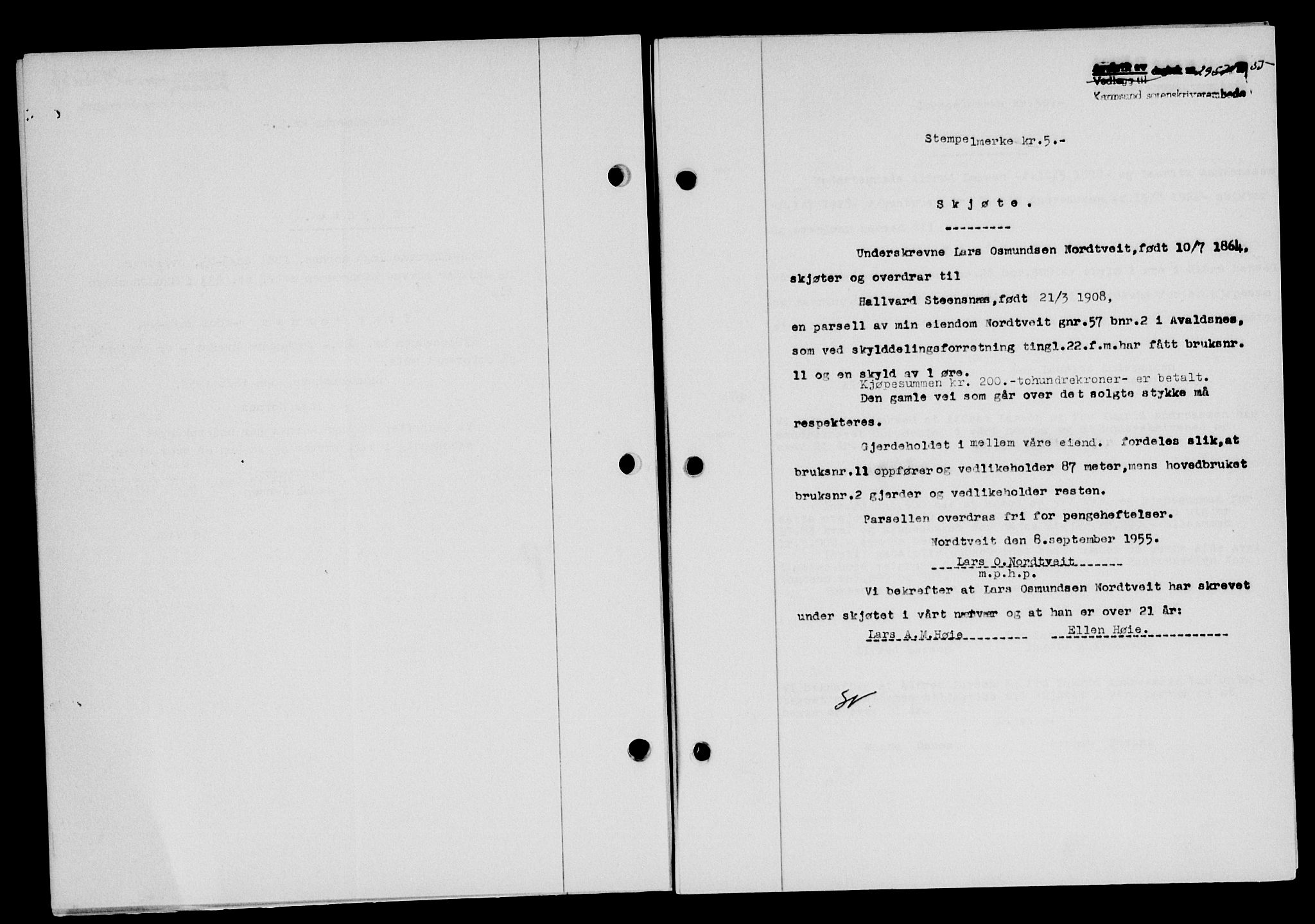 Karmsund sorenskriveri, SAST/A-100311/01/II/IIB/L0117: Mortgage book no. 97Aa, 1955-1955, Diary no: : 2957/1955