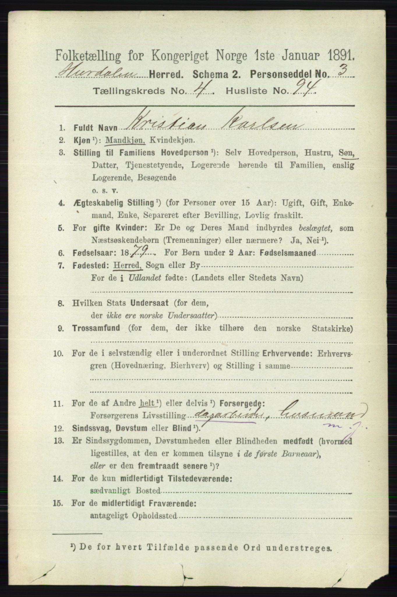 RA, 1891 census for 0239 Hurdal, 1891, p. 1991