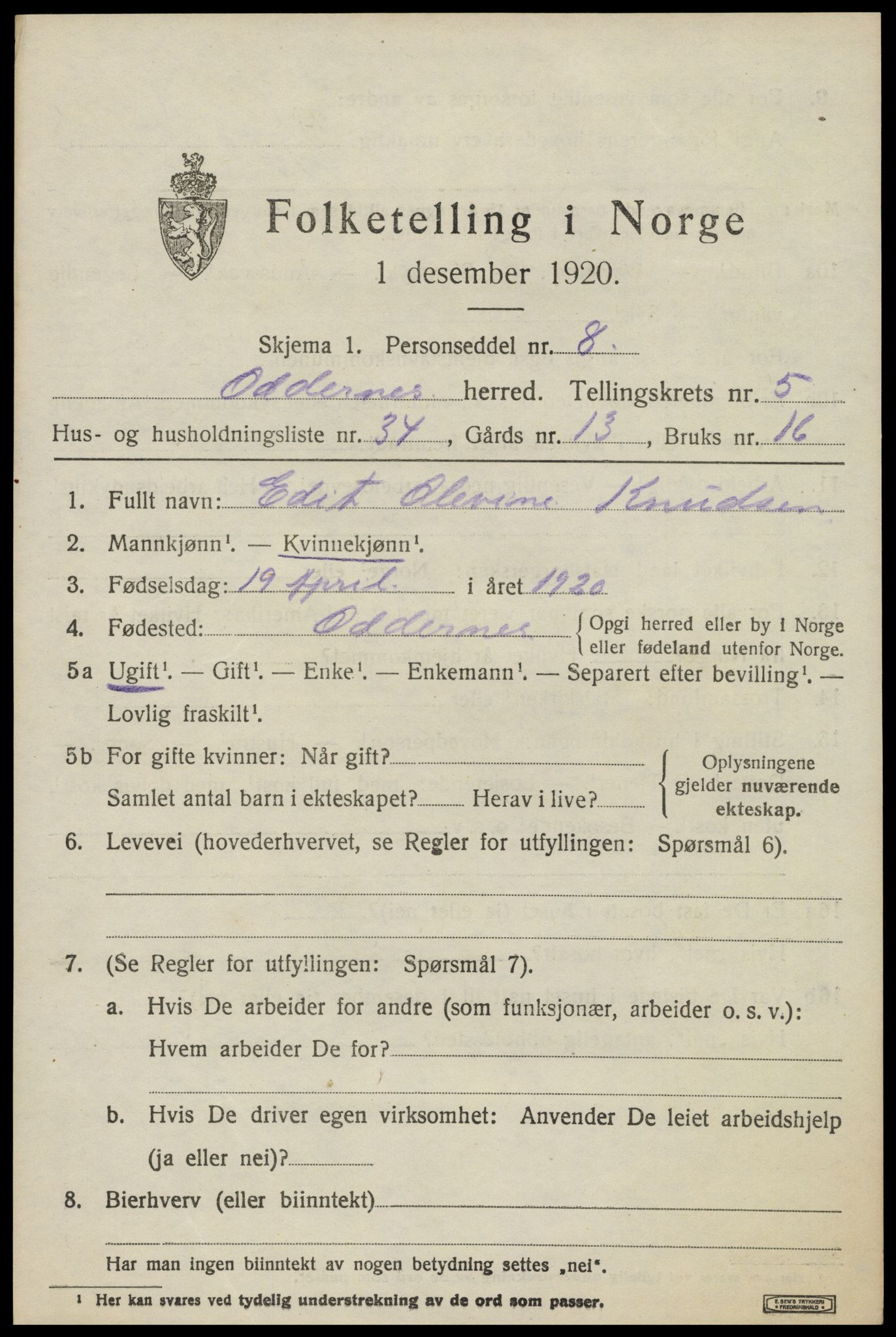 SAK, 1920 census for Oddernes, 1920, p. 4677