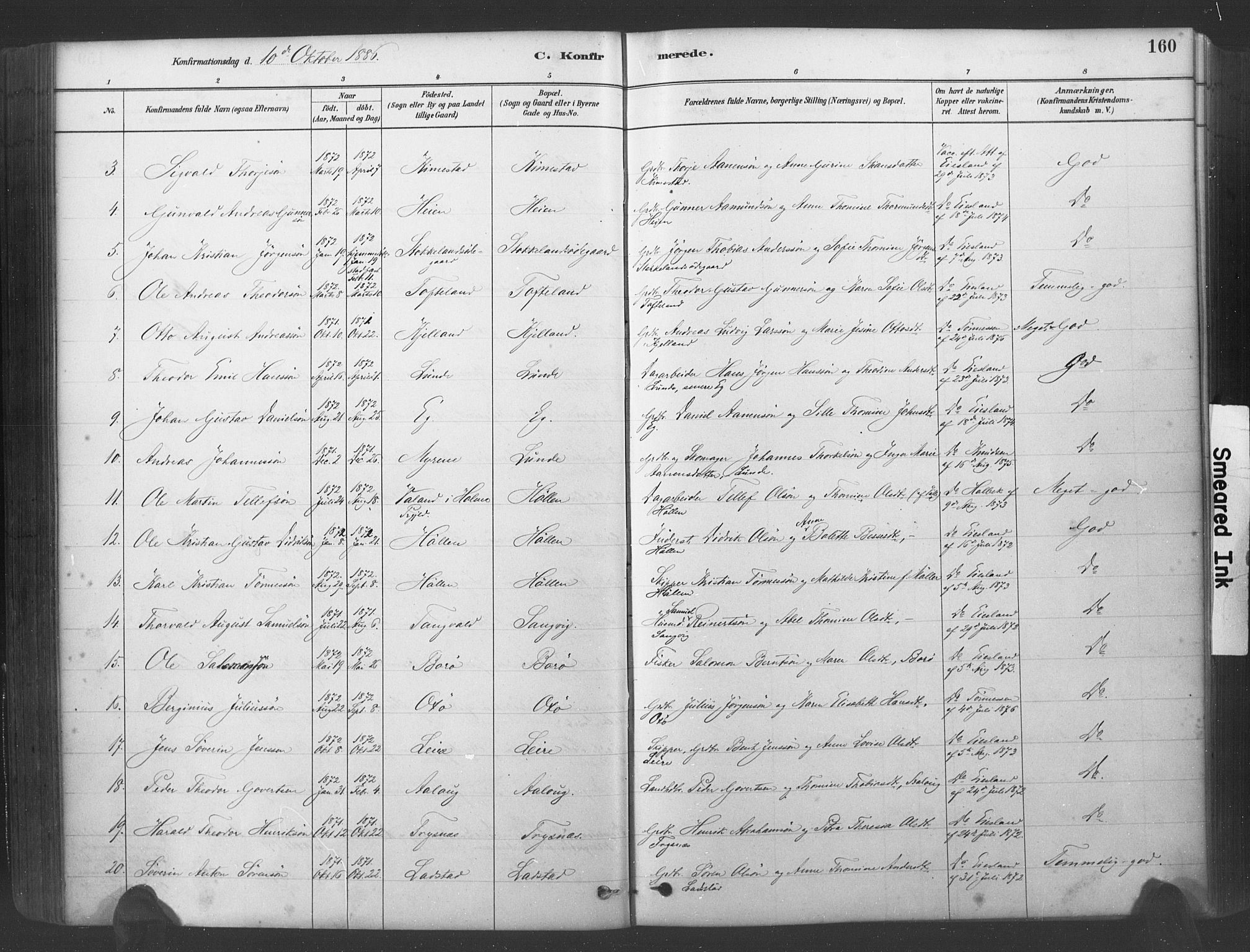 Søgne sokneprestkontor, SAK/1111-0037/F/Fa/Fab/L0012: Parish register (official) no. A 12, 1880-1891, p. 160