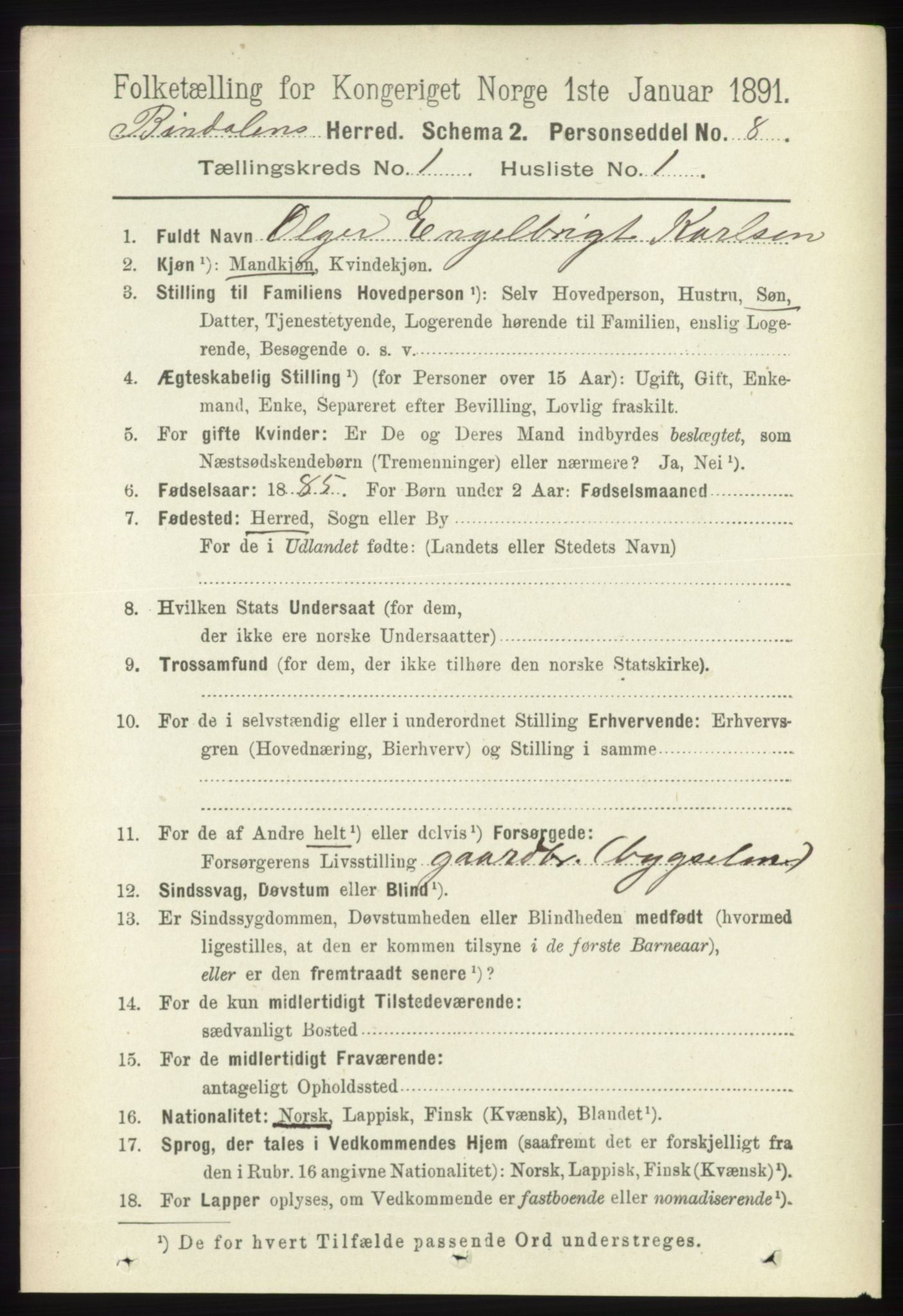 RA, 1891 census for 1811 Bindal, 1891, p. 62