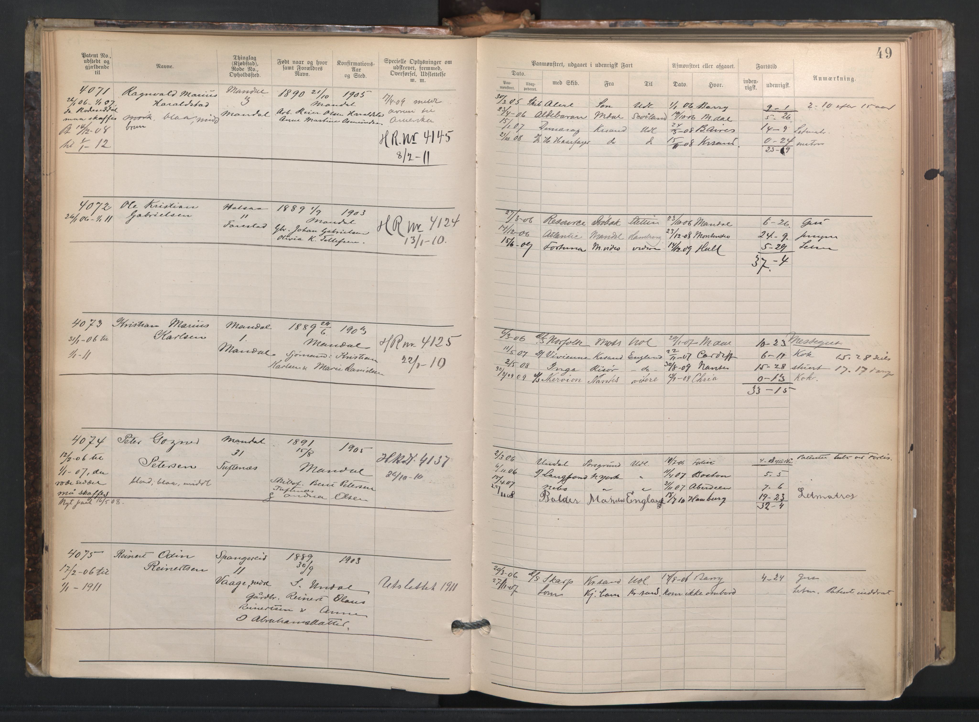 Mandal mønstringskrets, AV/SAK-2031-0016/F/Fa/L0003: Annotasjonsrulle nr 3831-4730 med register, L-5, 1900-1948, p. 73