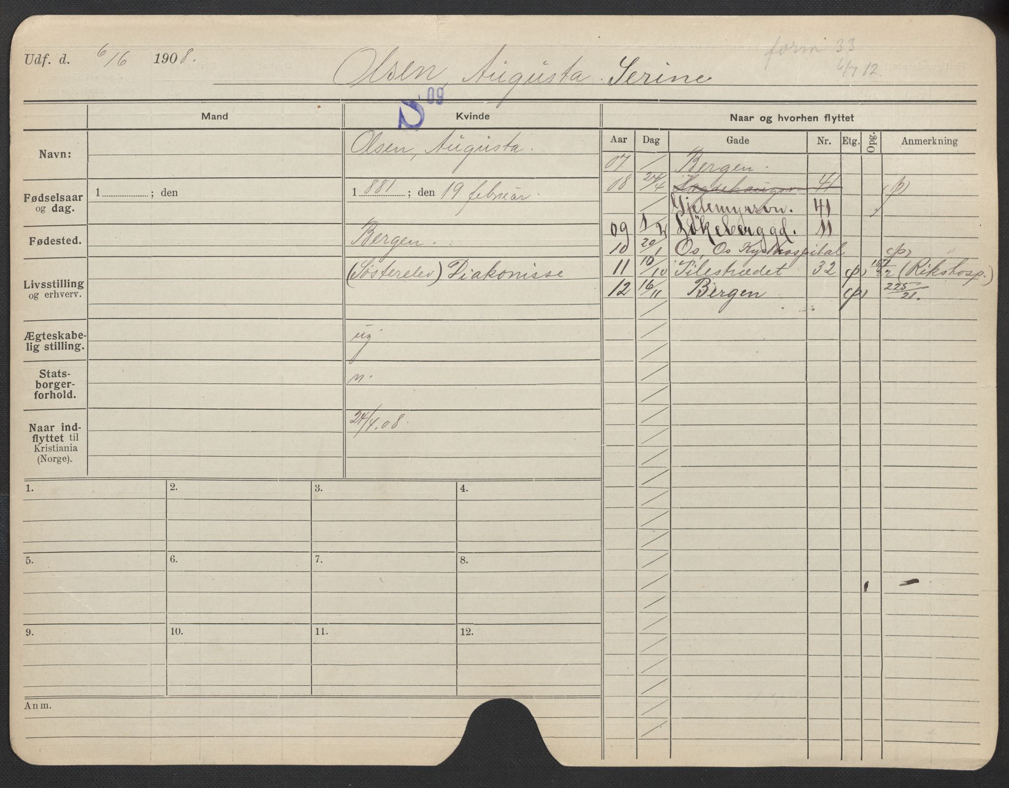 Oslo folkeregister, Registerkort, AV/SAO-A-11715/F/Fa/Fac/L0021: Kvinner, 1906-1914, p. 949a