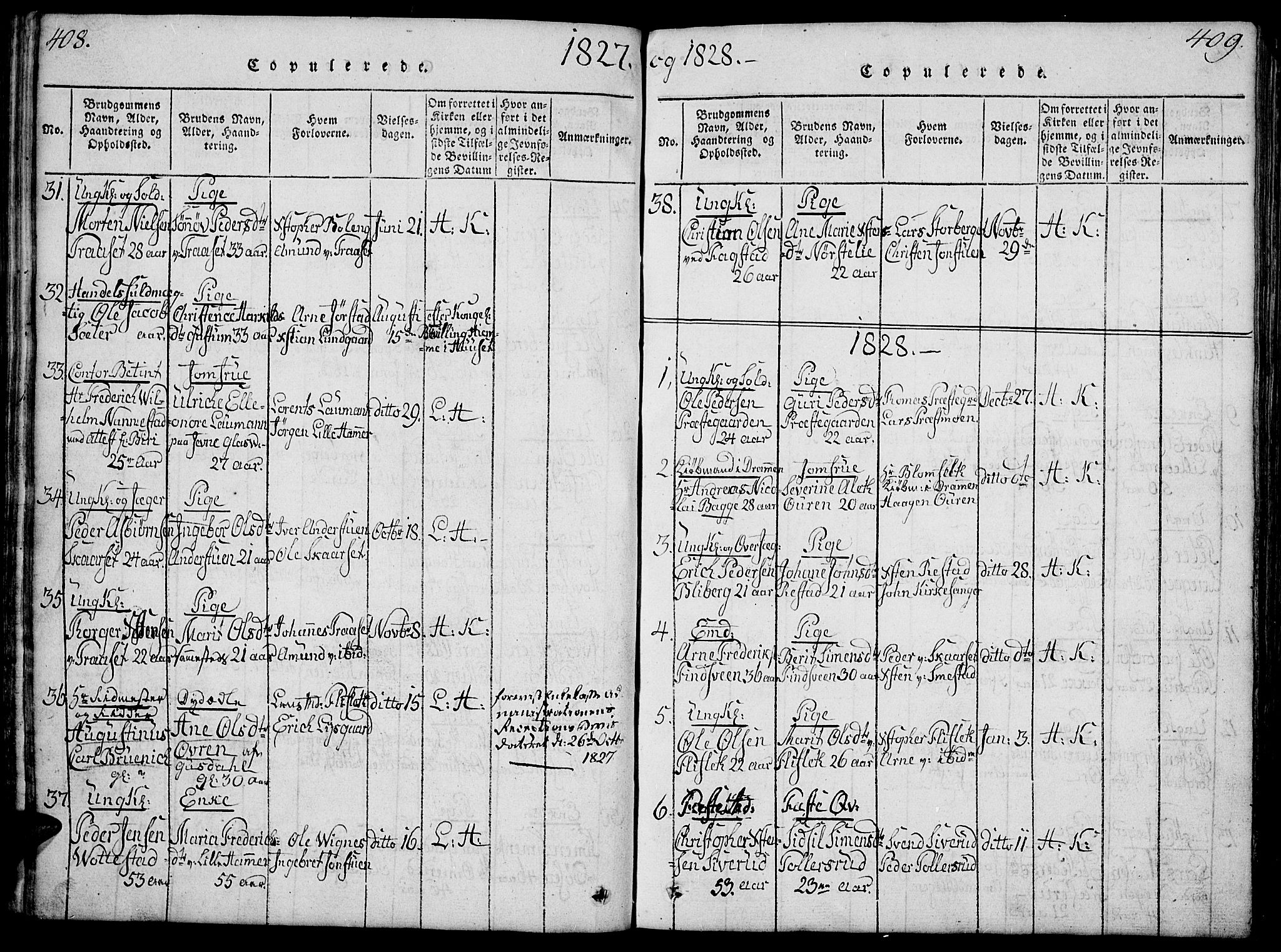 Fåberg prestekontor, SAH/PREST-086/H/Ha/Hab/L0004: Parish register (copy) no. 4, 1818-1837, p. 408-409