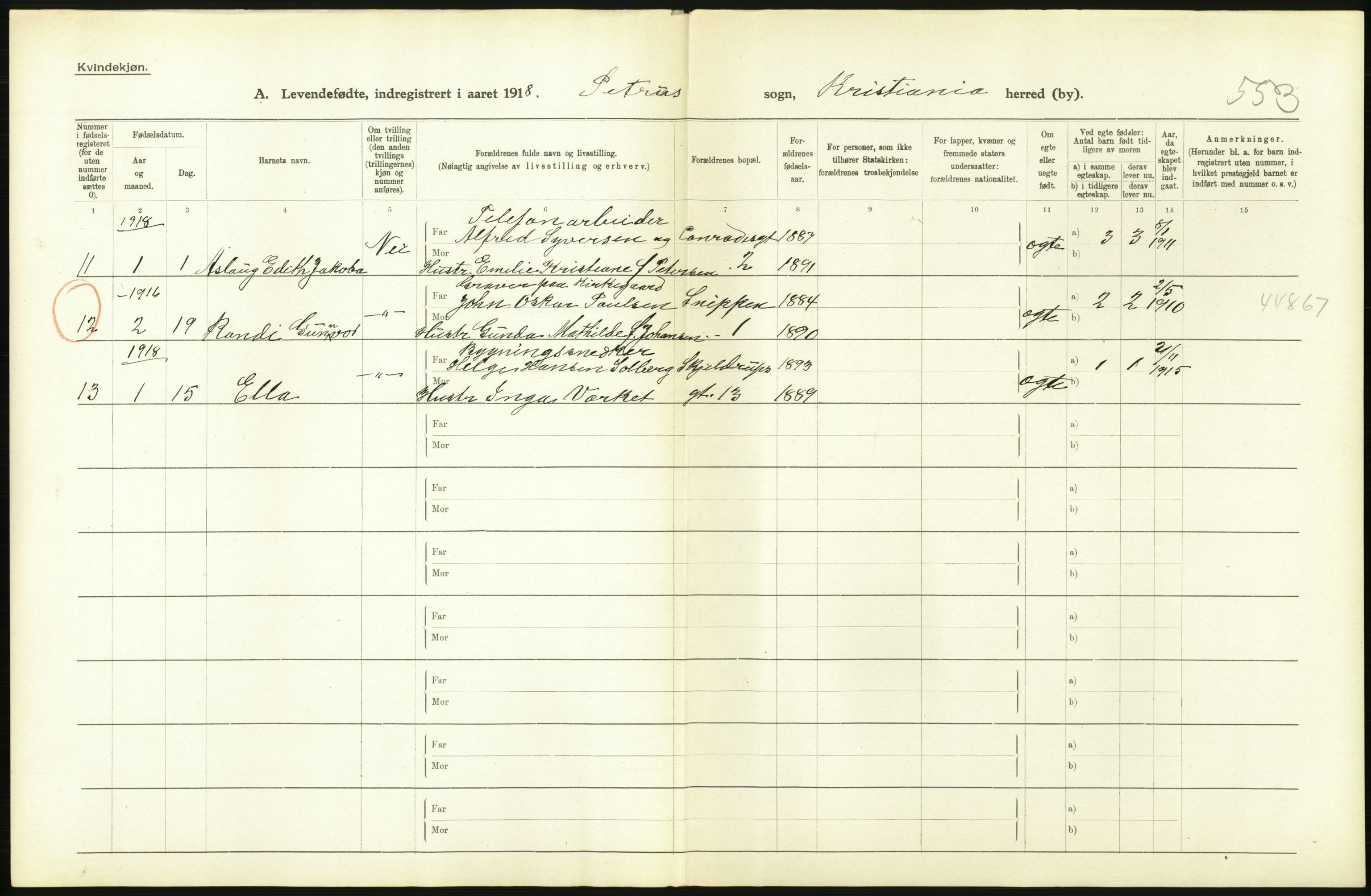 Statistisk sentralbyrå, Sosiodemografiske emner, Befolkning, AV/RA-S-2228/D/Df/Dfb/Dfbh/L0007: Kristiania: Levendefødte menn og kvinner., 1918, p. 536