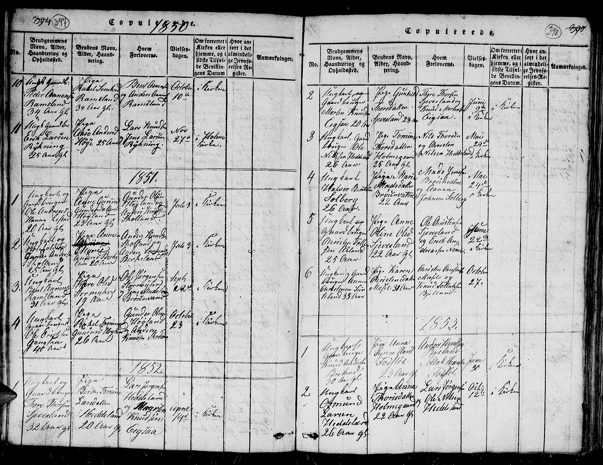 Holum sokneprestkontor, AV/SAK-1111-0022/F/Fb/Fbc/L0001: Parish register (copy) no. B 1, 1820-1859, p. 397-398